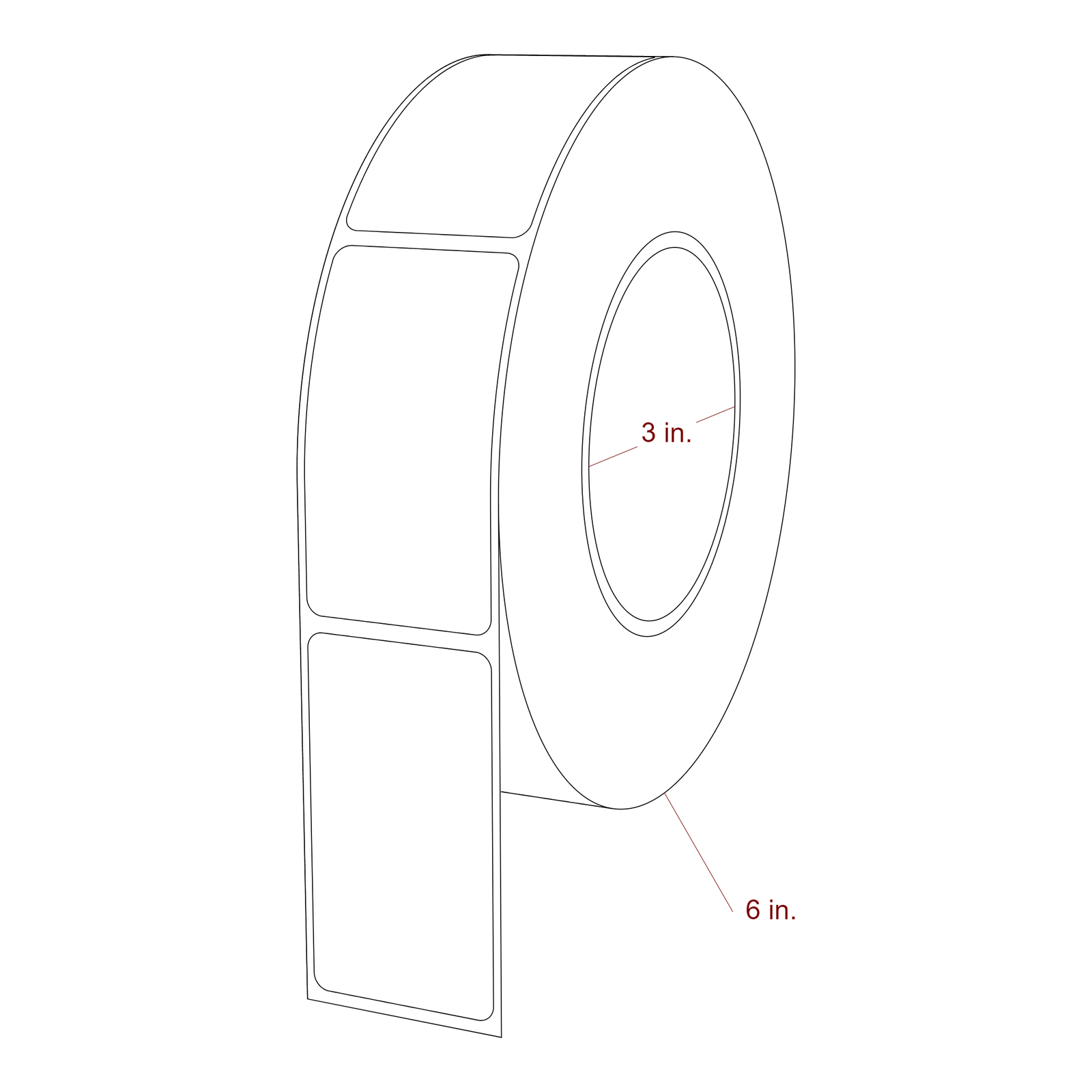 1.5 Inch x 2.75 Inch Rectangle Inkjet Label Roll - 3 Inch Core - 6 Inch Roll OD - 3D Perspective