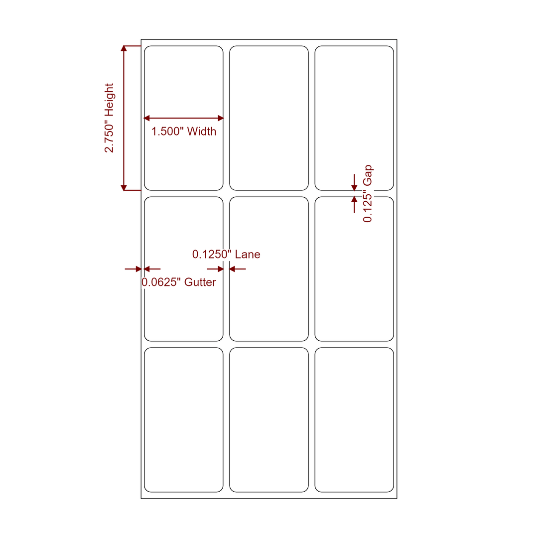 1.5 Inch x 2.75 Inch Rectangle Inkjet Label Roll - 3Up - 2D Drawing