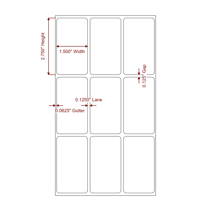 1.5 Inch x 2.75 Inch Rectangle Inkjet Label Roll - 3Up - 2D Drawing