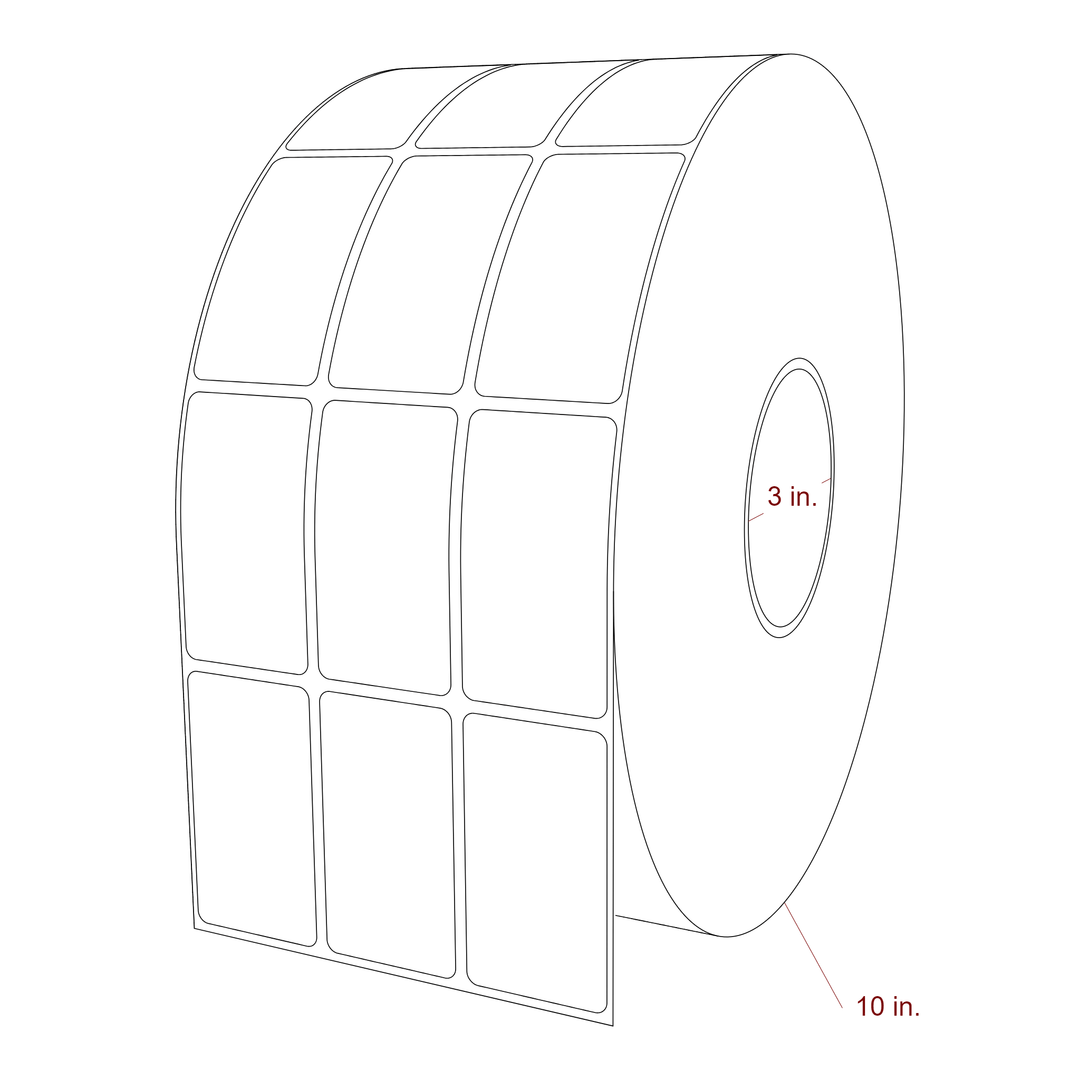 1.5 Inch x 2.75 Inch Rectangle Inkjet Label Roll - 3 Inch Core - 10 Inch Roll OD - 3Up - 3D Perspective