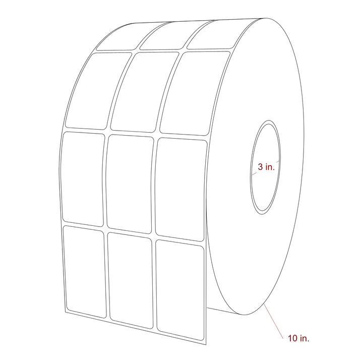 1.5 Inch x 2.75 Inch Rectangle Inkjet Label Roll - 3 Inch Core - 10 Inch Roll OD - 3Up - 3D Perspective