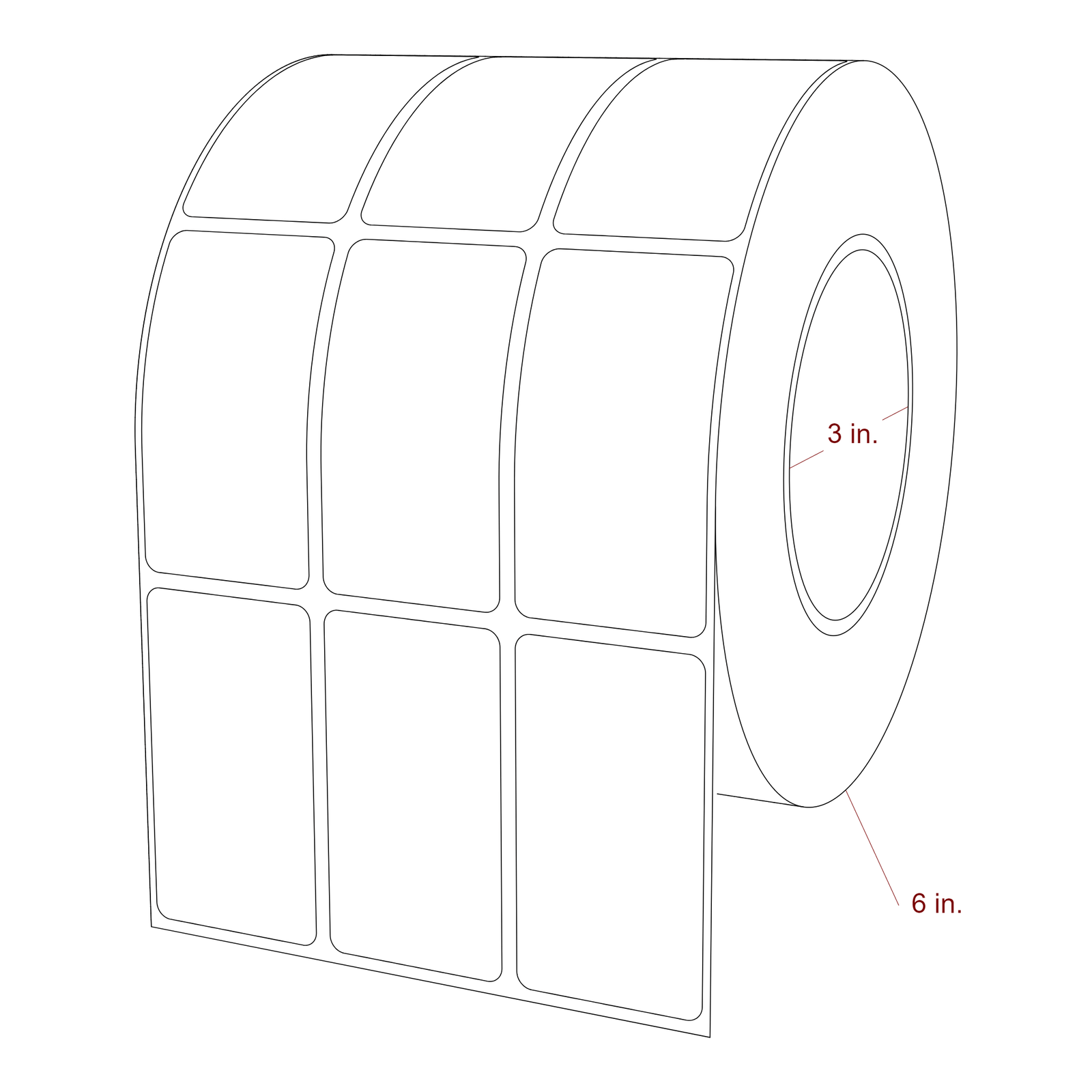 1.5 Inch x 2.75 Inch Rectangle Inkjet Label Roll - 3 Inch Core - 6 Inch Roll OD - 3Up - 3D Perspective