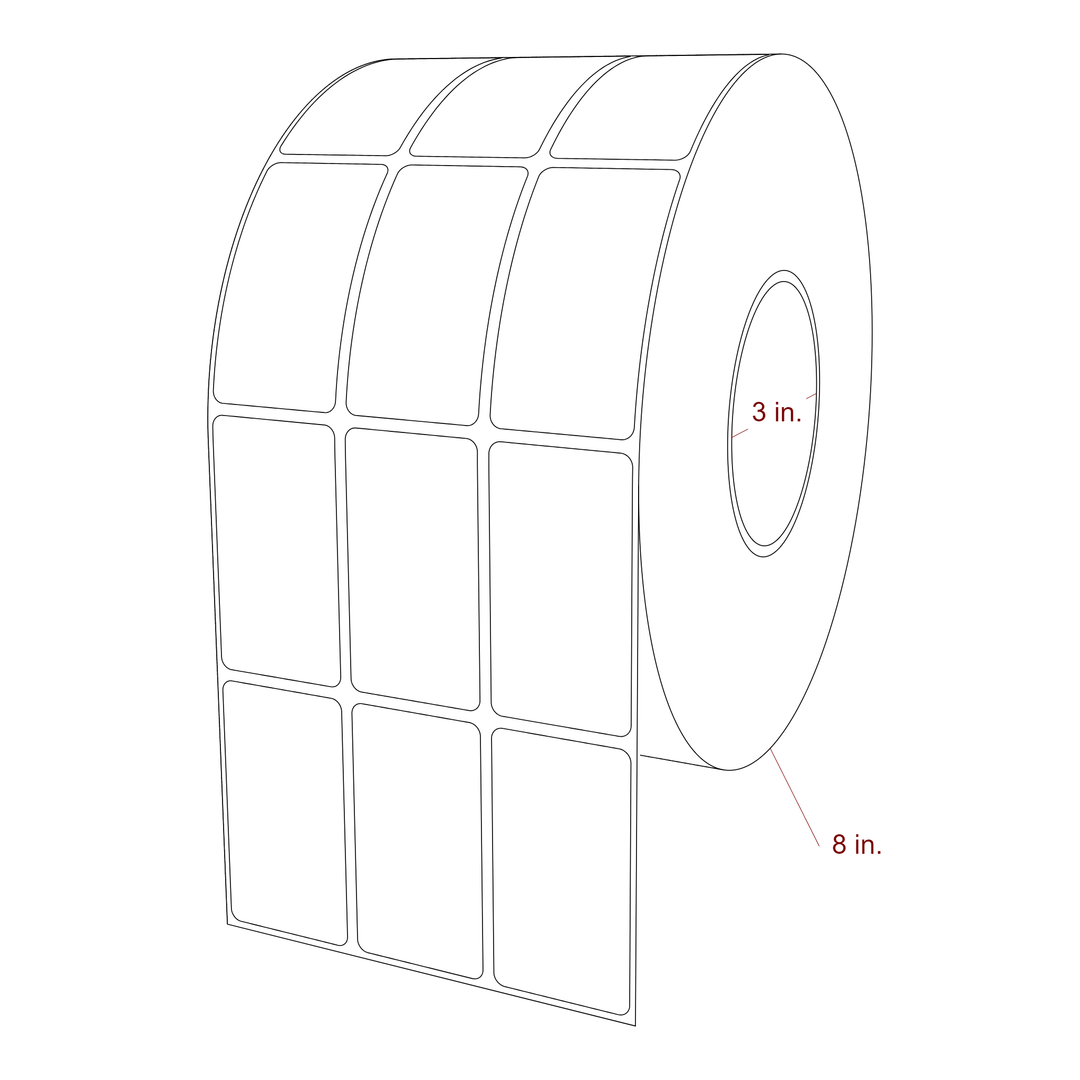 1.5 Inch x 2.75 Inch Rectangle Inkjet Label Roll - 3 Inch Core - 8 Inch Roll OD - 3Up - 3D Perspective
