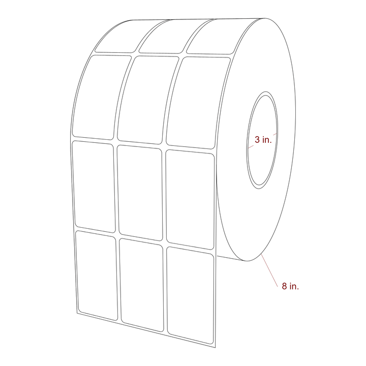 1.5 Inch x 2.75 Inch Rectangle Inkjet Label Roll - 3 Inch Core - 8 Inch Roll OD - 3Up - 3D Perspective