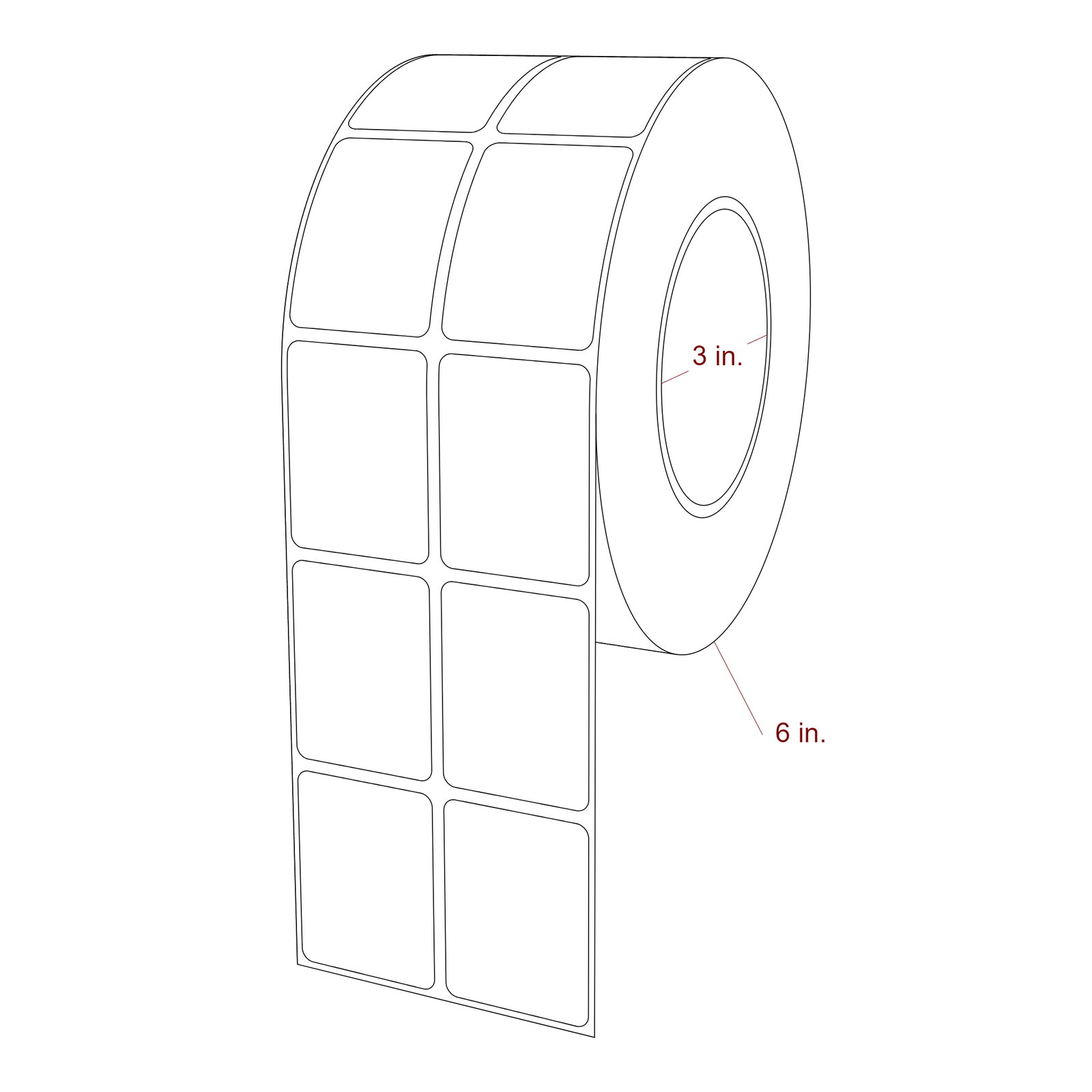 1.5 Inch x 2 Inch Rectangle Inkjet Label Roll - 3 Inch Core - 6 Inch Roll OD - 2Up - 3D Perspective