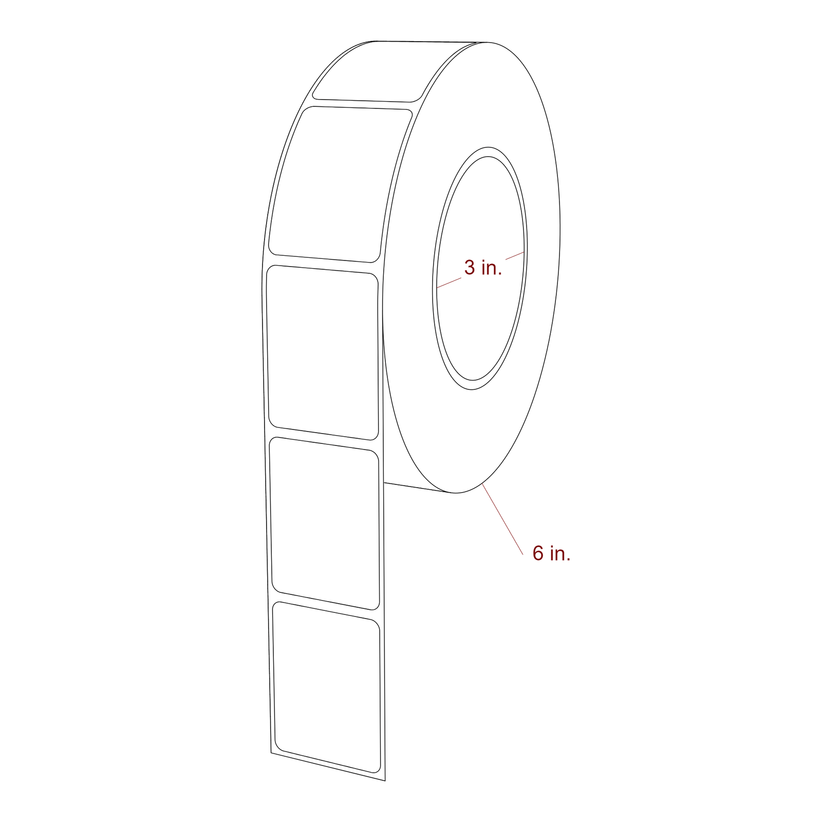 1.5 Inch x 2 Inch Rectangle Inkjet Label Roll - 3 Inch Core - 6 Inch Roll OD - 3D Perspective