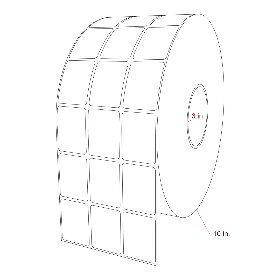 1.5 Inch x 2 Inch Rectangle Inkjet Label Roll - 3 Inch Core - 10 Inch Roll OD - 3Up - 3D Perspective