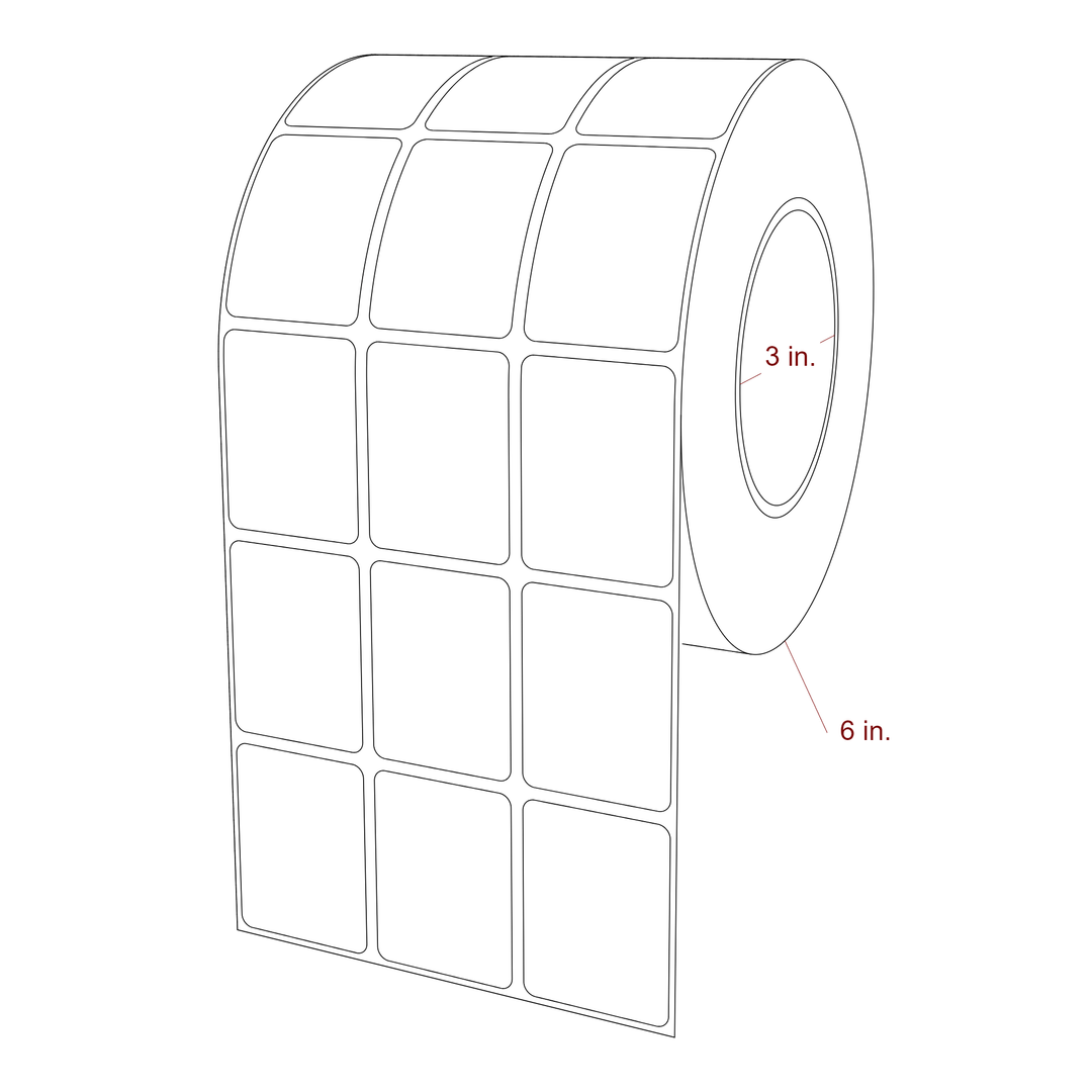 1.5 Inch x 2 Inch Rectangle Inkjet Label Roll - 3 Inch Core - 6 Inch Roll OD - 3Up - 3D Perspective