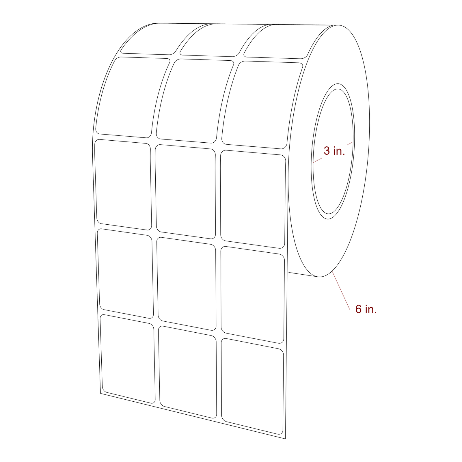 1.5 Inch x 2 Inch Rectangle Inkjet Label Roll - 3 Inch Core - 6 Inch Roll OD - 3Up - 3D Perspective