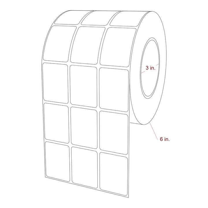 1.5 Inch x 2 Inch Rectangle Inkjet Label Roll - 3 Inch Core - 6 Inch Roll OD - 3Up - 3D Perspective