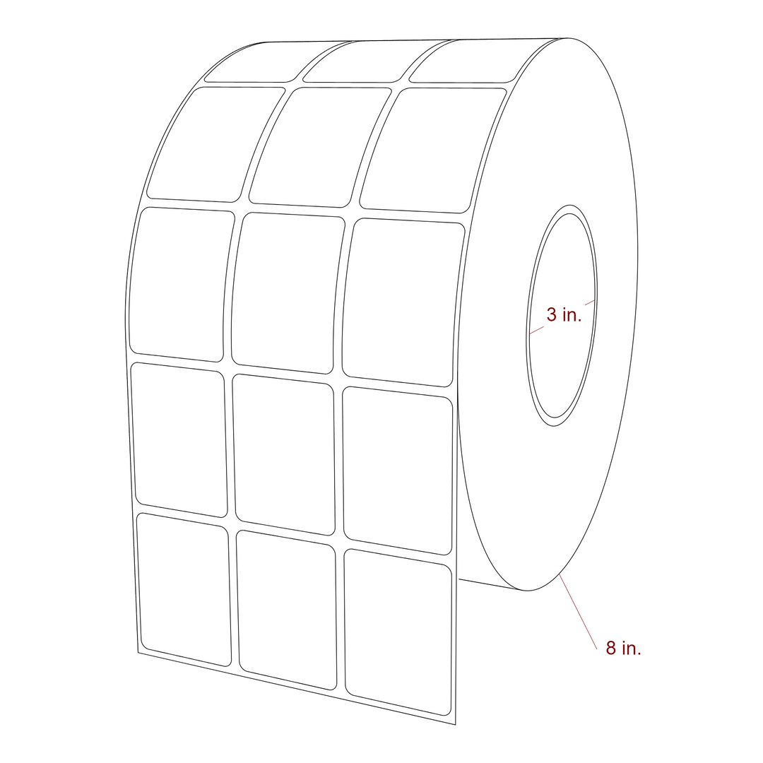 1.5 Inch x 2 Inch Rectangle Inkjet Label Roll - 3 Inch Core - 8 Inch Roll OD - 3Up - 3D Perspective