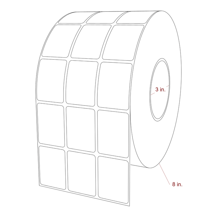 1.5 Inch x 2 Inch Rectangle Inkjet Label Roll - 3 Inch Core - 8 Inch Roll OD - 3Up - 3D Perspective