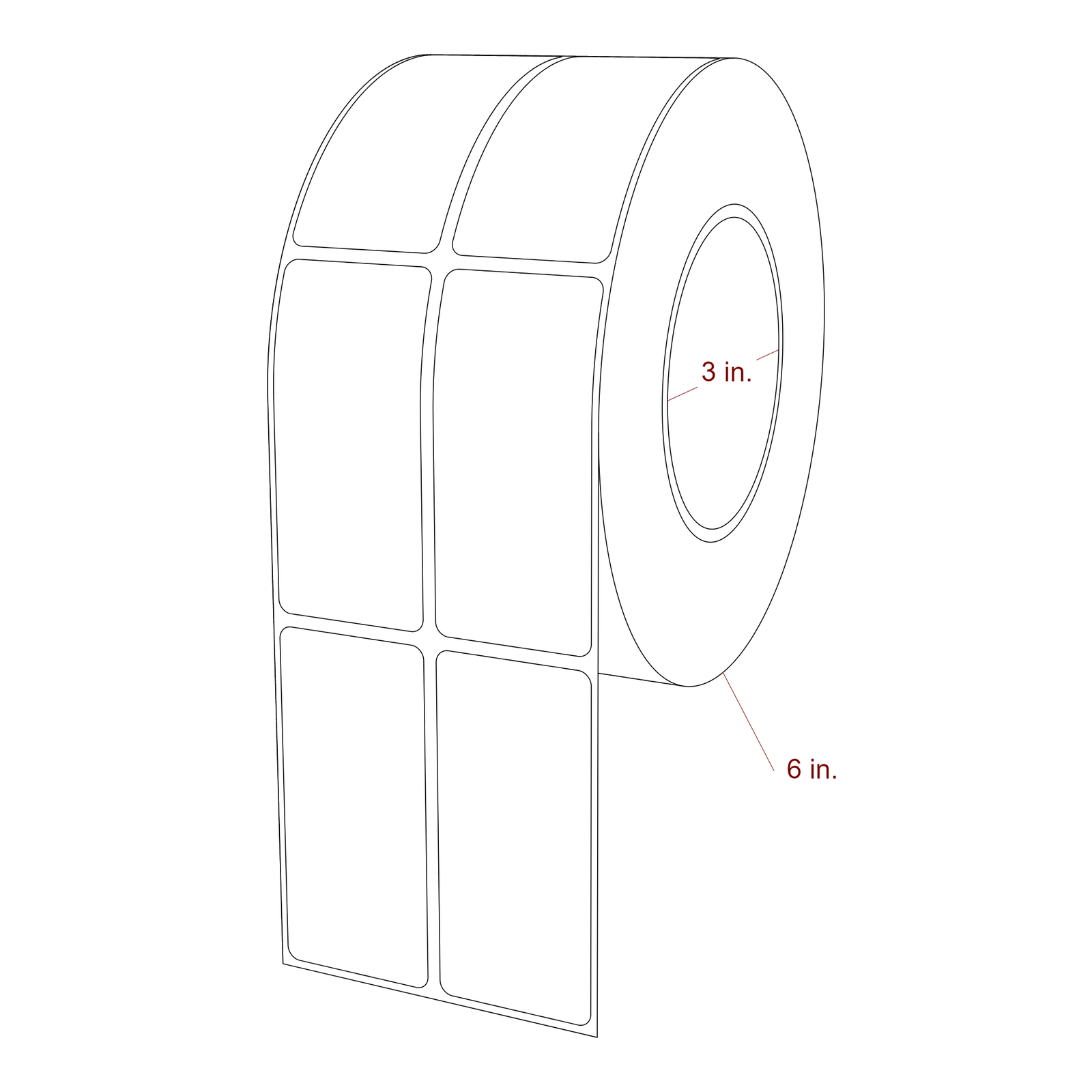 1.5 Inch x 3.25 Inch Rectangle Inkjet Label Roll - 3 Inch Core - 6 Inch Roll OD - 2Up - 3D Perspective