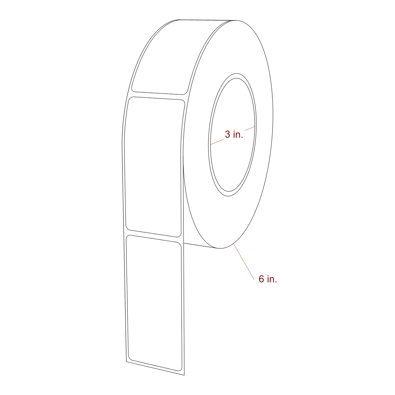 1.5 Inch x 3.25 Inch Rectangle Inkjet Label Roll - 3 Inch Core - 6 Inch Roll OD - 3D Perspective