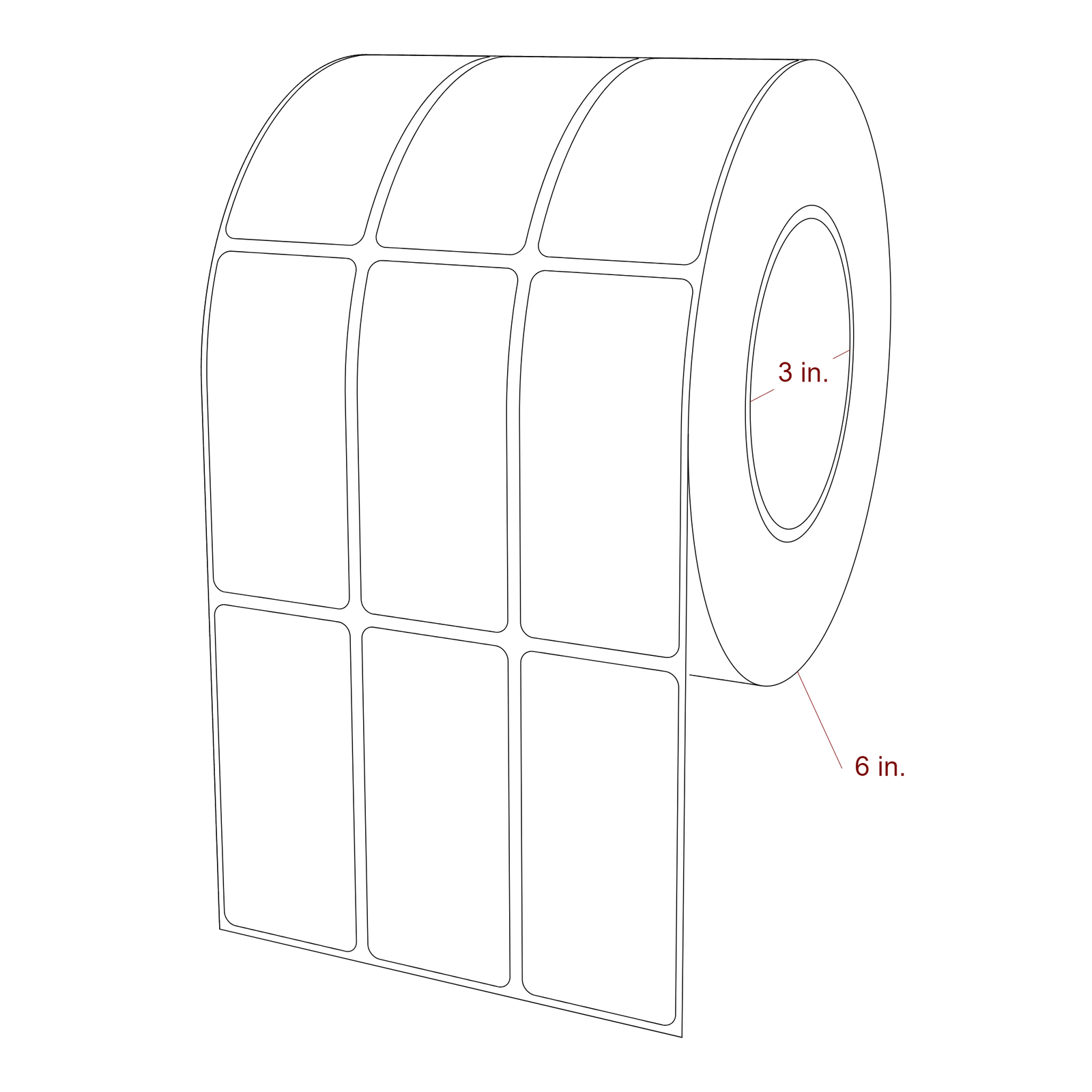 1.5 Inch x 3.25 Inch Rectangle Inkjet Label Roll - 3 Inch Core - 6 Inch Roll OD - 3Up - 3D Perspective