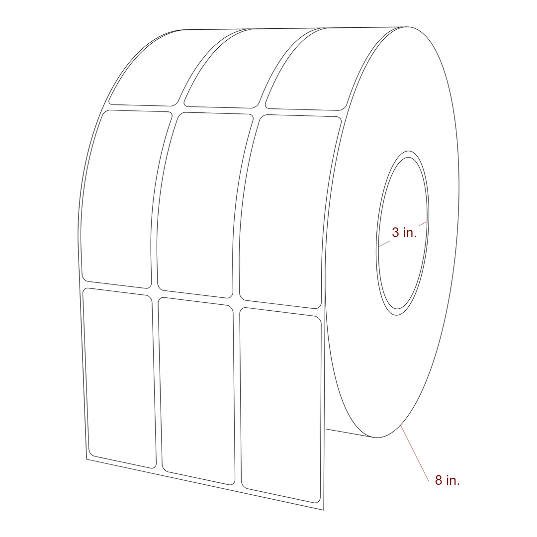 1.5 Inch x 3.25 Inch Rectangle Inkjet Label Roll - 3 Inch Core - 8 Inch Roll OD - 3Up - 3D Perspective