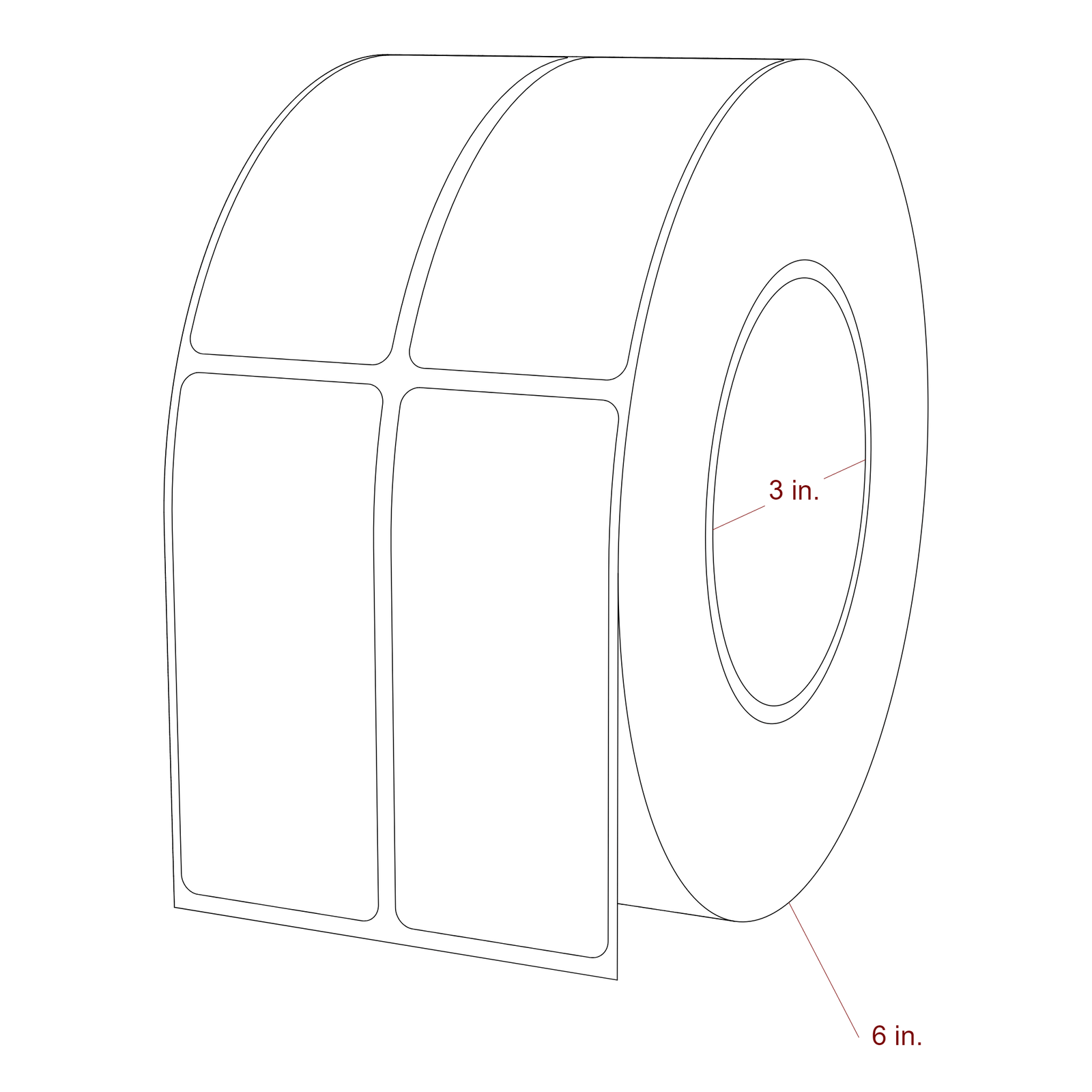 1.5 Inch x 3.5 Inch Rectangle Inkjet Label Roll - 3 Inch Core - 6 Inch Roll OD - 2Up - 3D Perspective