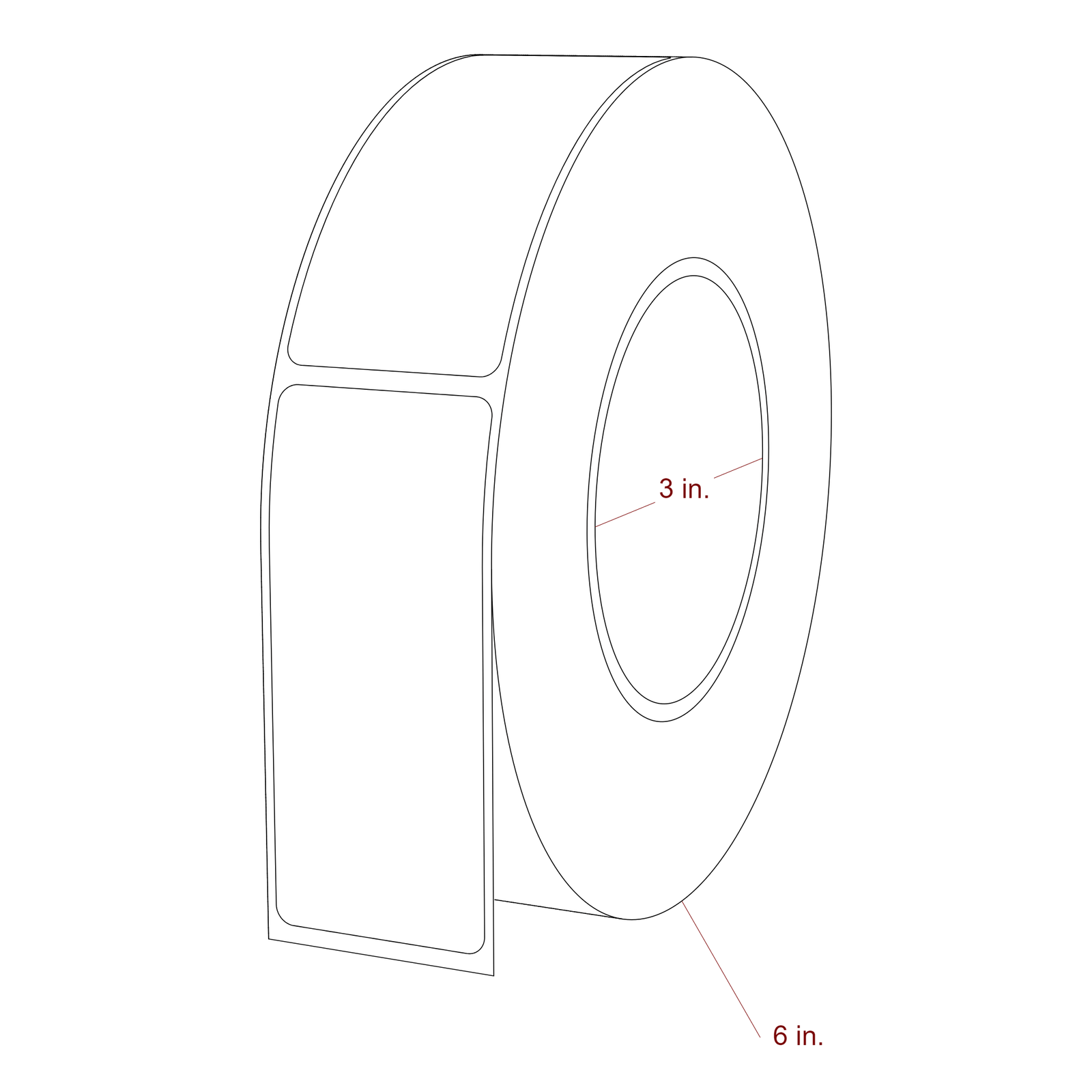 1.5 Inch x 3.5 Inch Rectangle Inkjet Label Roll - 3 Inch Core - 6 Inch Roll OD - 3D Perspective