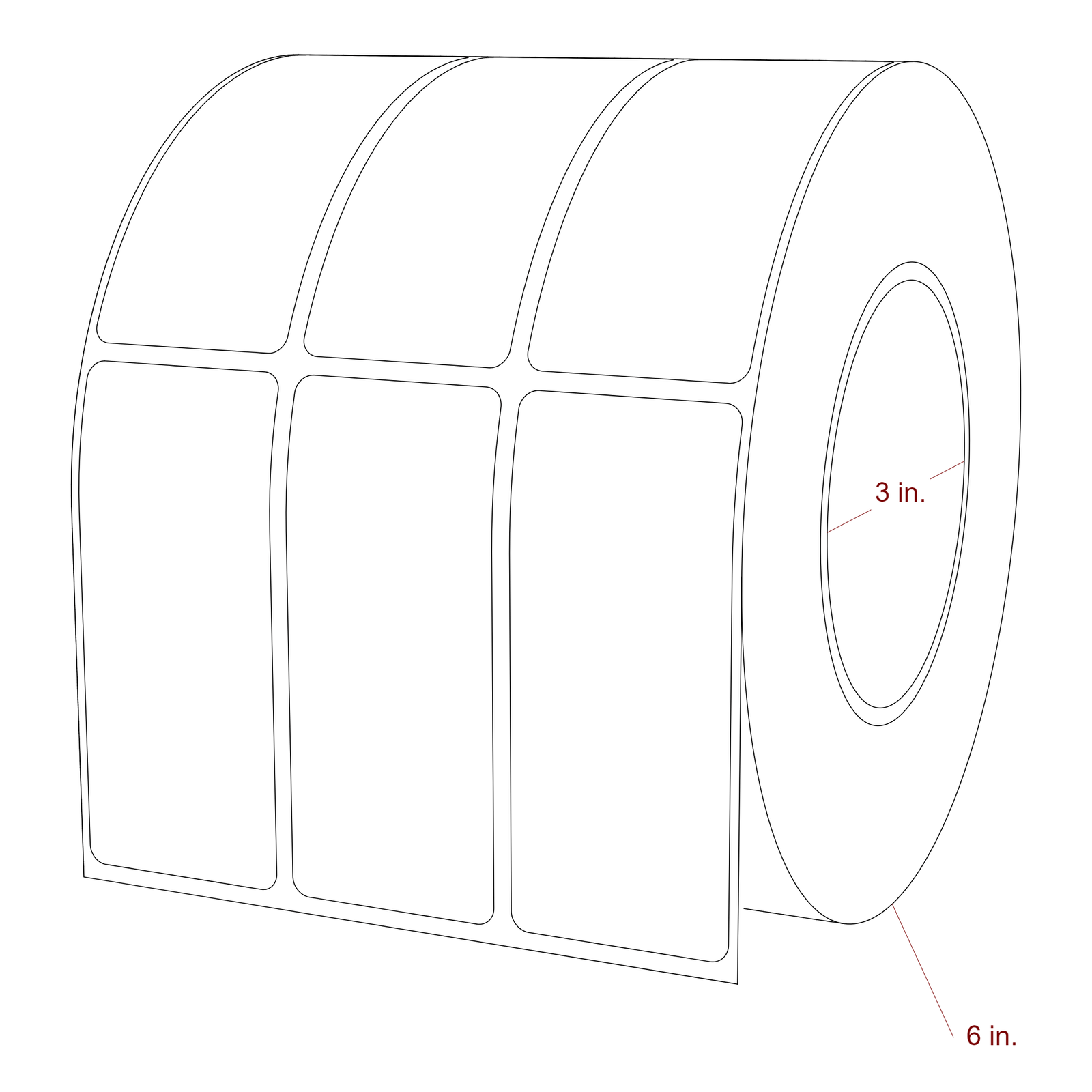 1.5 Inch x 3.5 Inch Rectangle Inkjet Label Roll - 3 Inch Core - 6 Inch Roll OD - 3Up - 3D Perspective