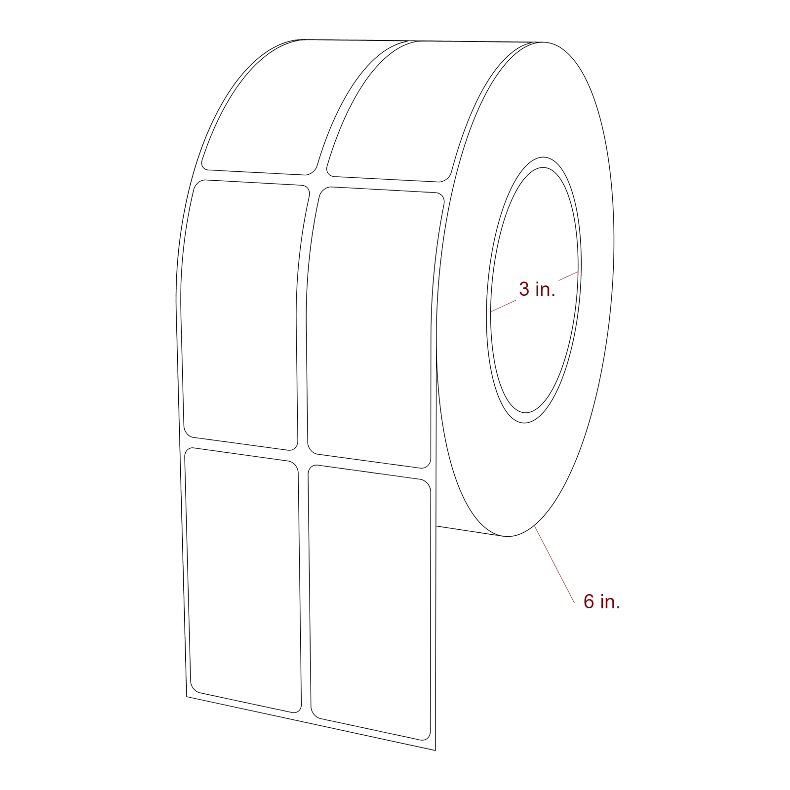 1.5 Inch x 3 Inch Rectangle Inkjet Label Roll - 3 Inch Core - 6 Inch Roll OD - 2Up - 3D Perspective