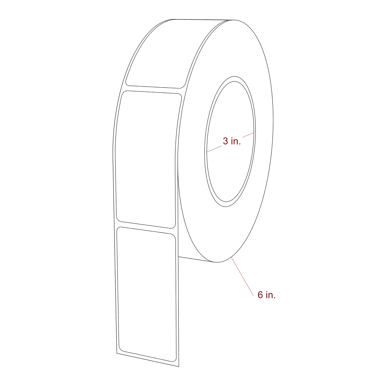 1.5 Inch x 3 Inch Rectangle Inkjet Label Roll - 3 Inch Core - 6 Inch Roll OD - 3D Perspective