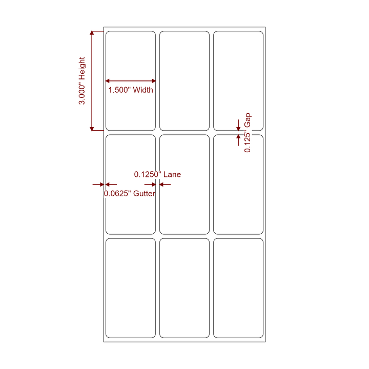 1.5 Inch x 3 Inch Rectangle Inkjet Label Roll - 3Up - 2D Drawing