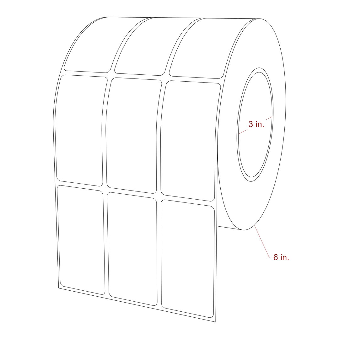 1.5 Inch x 3 Inch Rectangle Inkjet Label Roll - 3 Inch Core - 6 Inch Roll OD - 3Up - 3D Perspective