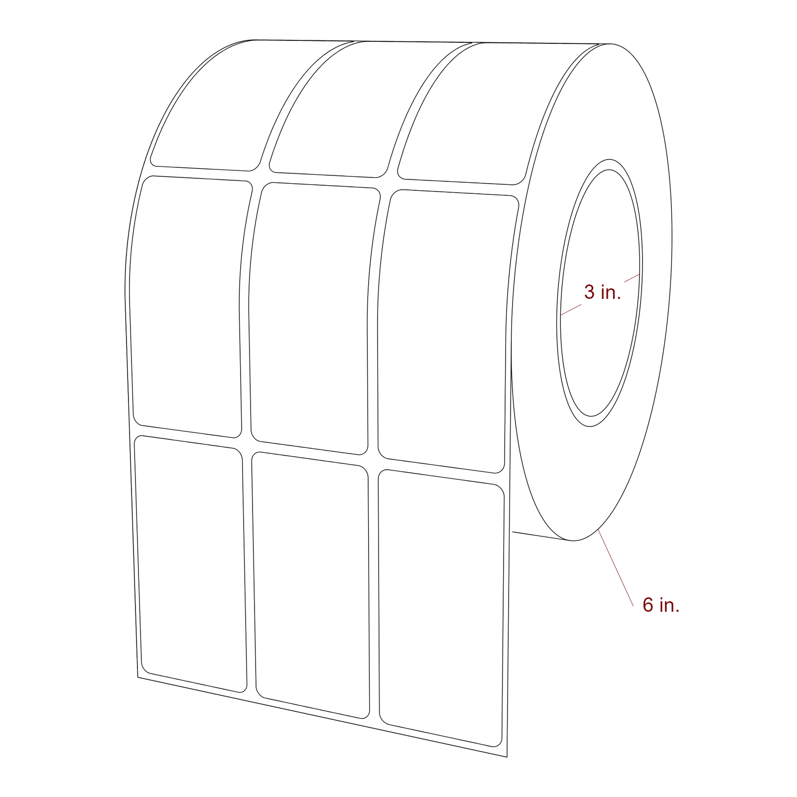 1.5 Inch x 3 Inch Rectangle Inkjet Label Roll - 3 Inch Core - 6 Inch Roll OD - 3Up - 3D Perspective