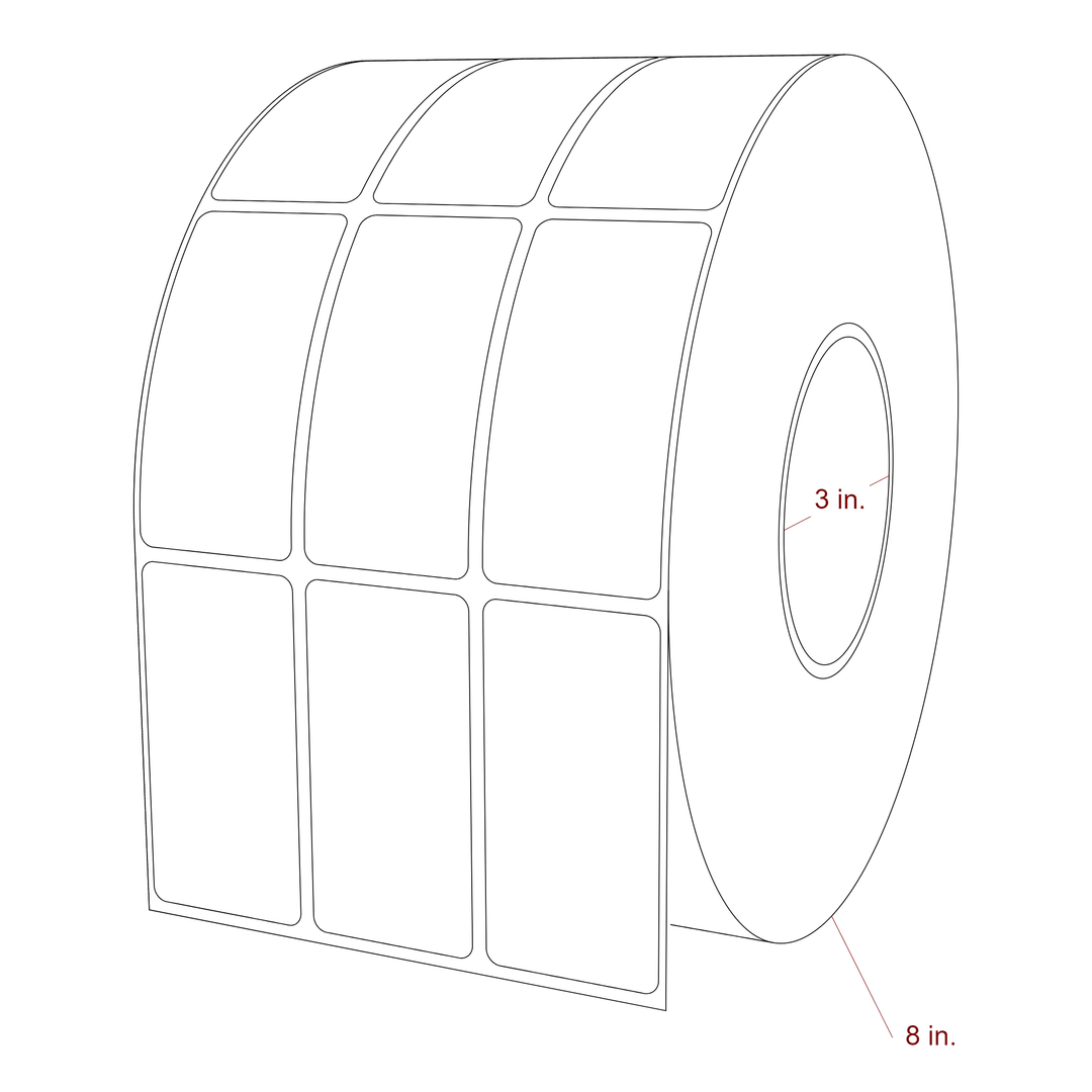 1.5 Inch x 3 Inch Rectangle Inkjet Label Roll - 3 Inch Core - 8 Inch Roll OD - 3Up - 3D Perspective