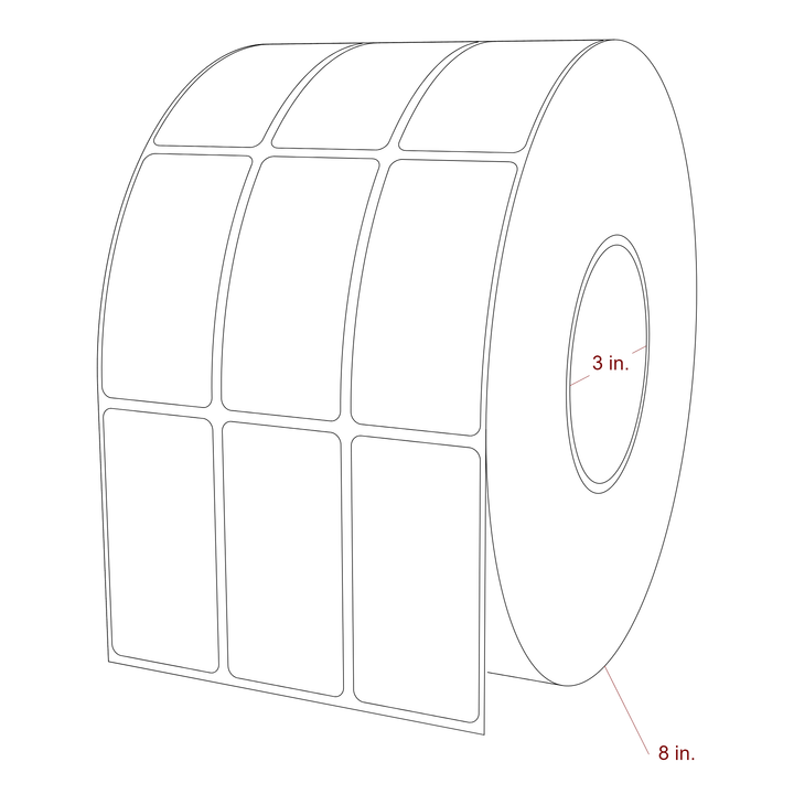 1.5 Inch x 3 Inch Rectangle Inkjet Label Roll - 3 Inch Core - 8 Inch Roll OD - 3Up - 3D Perspective
