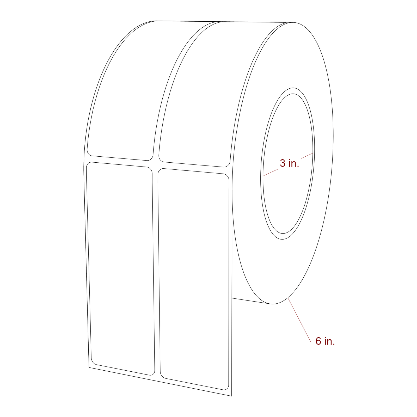 1.5 Inch x 4.25 Inch Rectangle Inkjet Label Roll - 3 Inch Core - 6 Inch Roll OD - 2Up - 3D Perspective