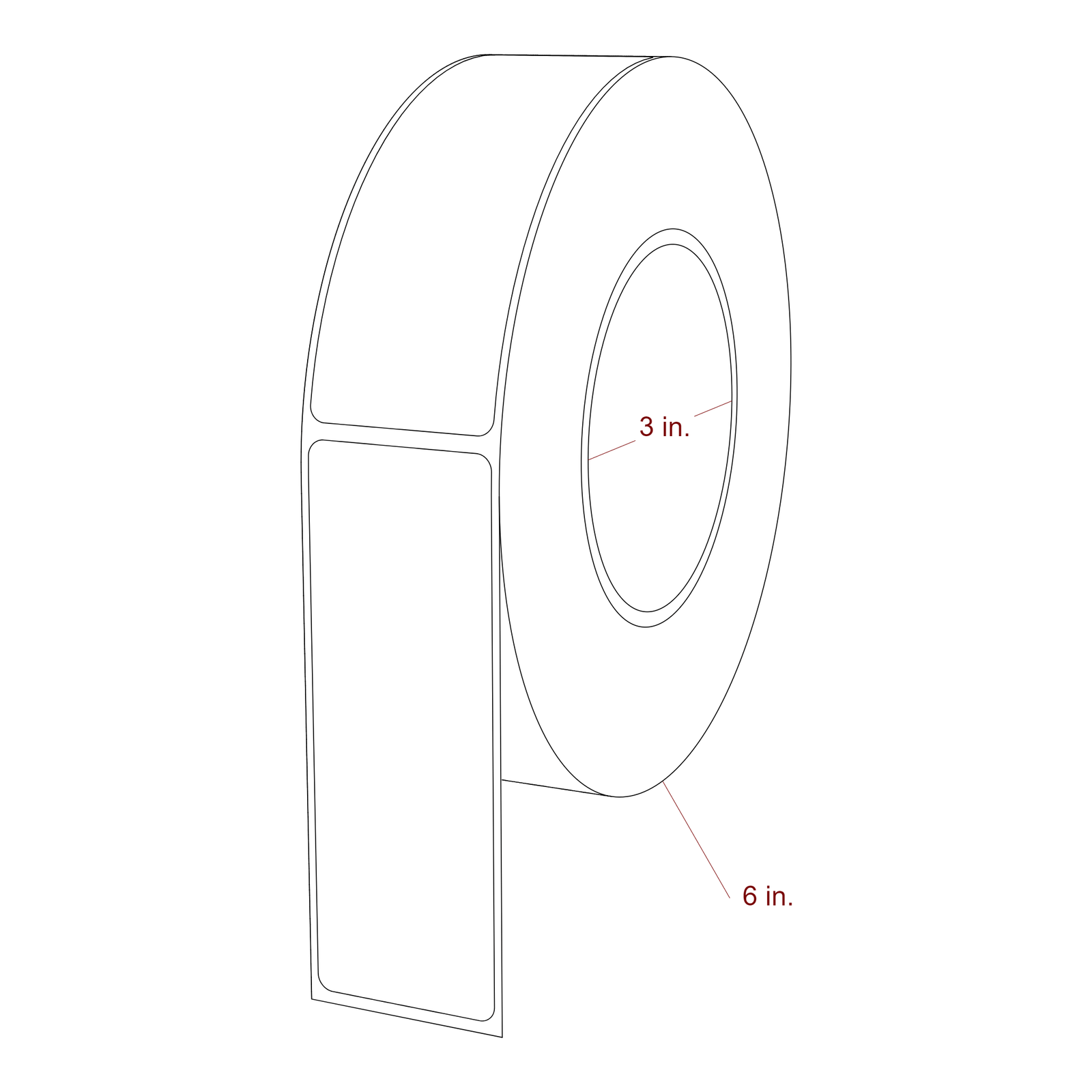 1.5 Inch x 4.25 Inch Rectangle Inkjet Label Roll - 3 Inch Core - 6 Inch Roll OD - 3D Perspective