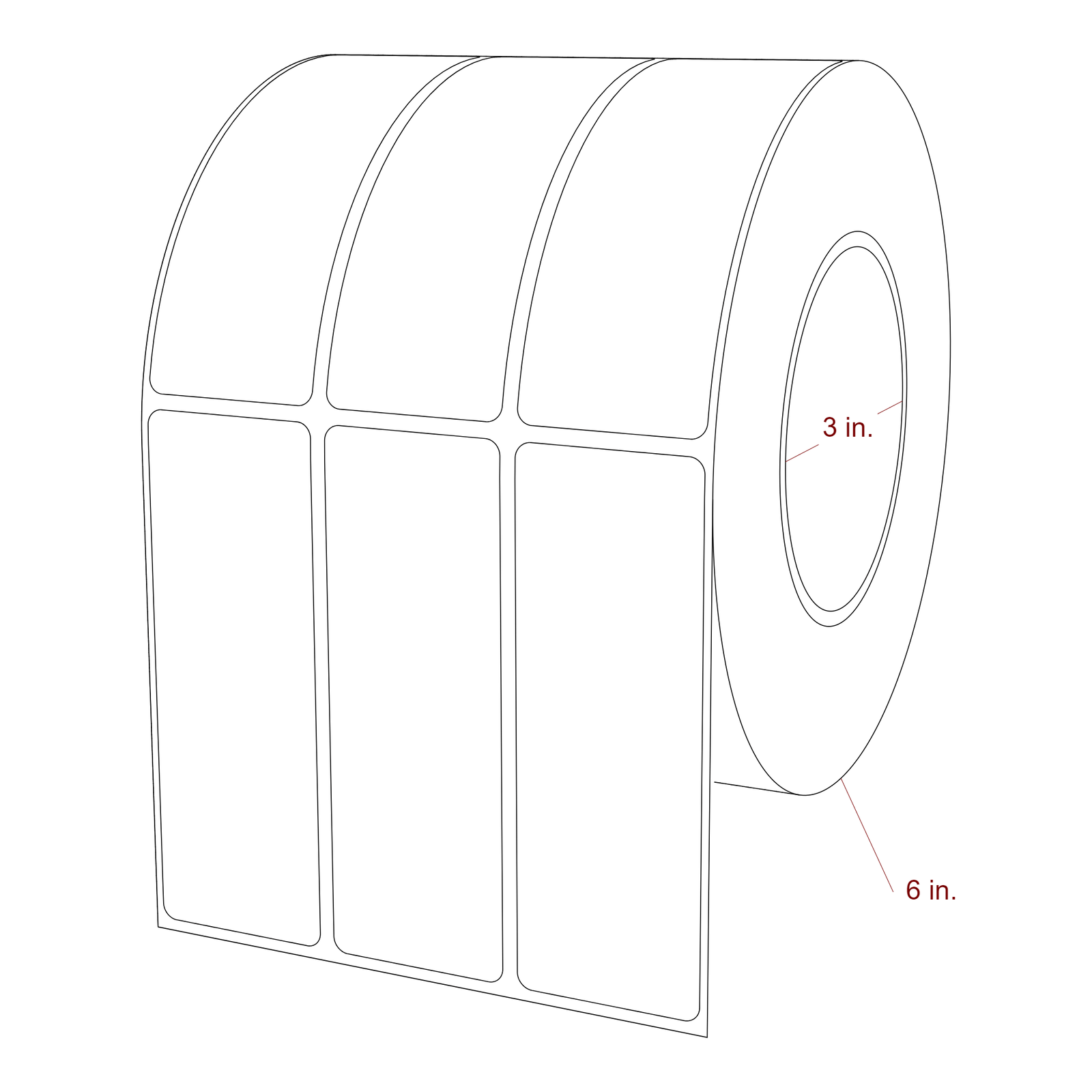 1.5 Inch x 4.25 Inch Rectangle Inkjet Label Roll - 3 Inch Core - 6 Inch Roll OD - 3Up - 3D Perspective