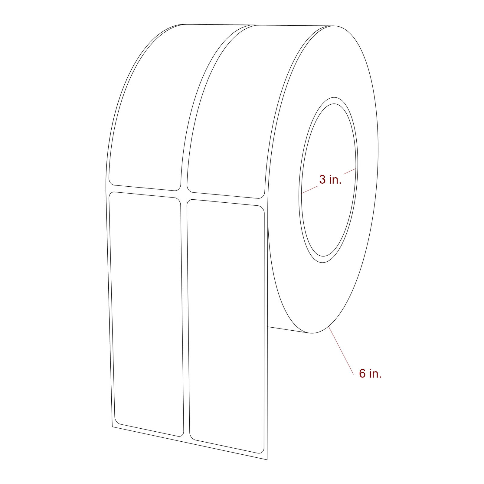 1.5 Inch x 4.5 Inch Rectangle Inkjet Label Roll - 3 Inch Core - 6 Inch Roll OD - 2Up - 3D Perspective