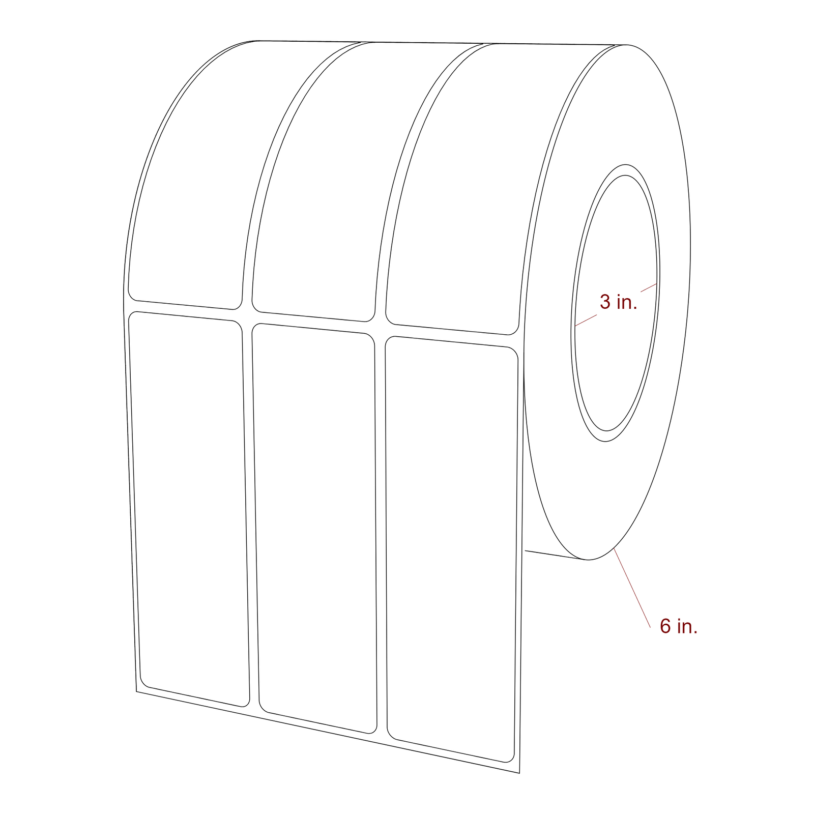1.5 Inch x 4.5 Inch Rectangle Inkjet Label Roll - 3 Inch Core - 6 Inch Roll OD - 3Up - 3D Perspective