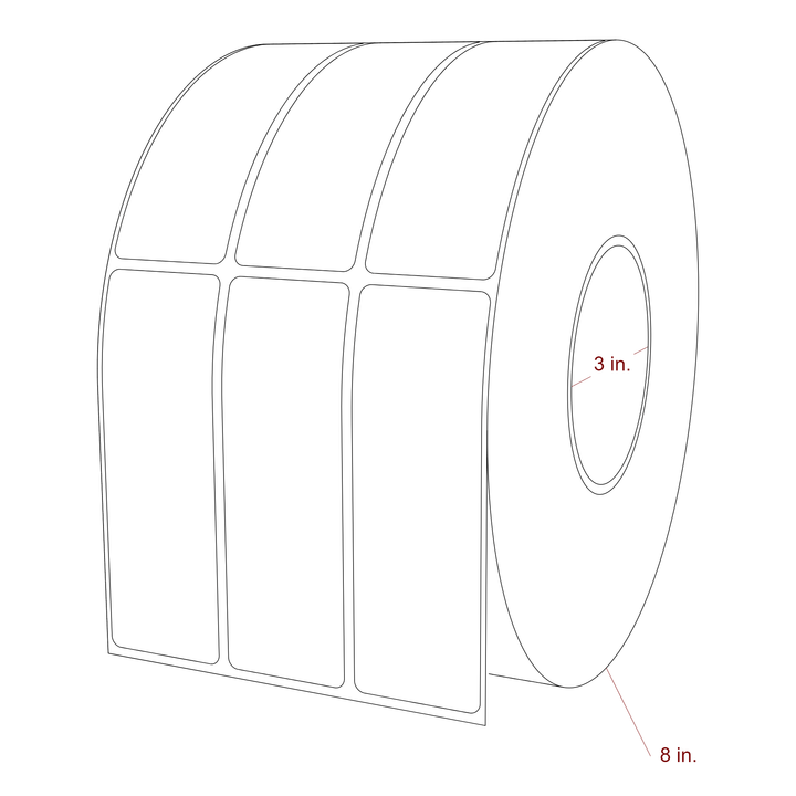 1.5 Inch x 4.5 Inch Rectangle Inkjet Label Roll - 3 Inch Core - 8 Inch Roll OD - 3Up - 3D Perspective