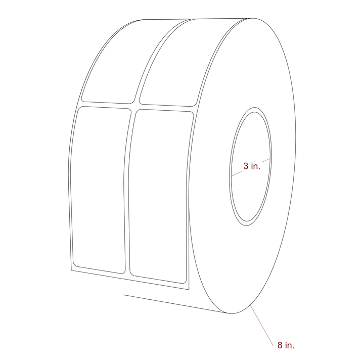 1.5 Inch x 4 Inch Rectangle Inkjet Label Roll - 3 Inch Core - 8 Inch Roll OD - 2Up - 3D Perspective