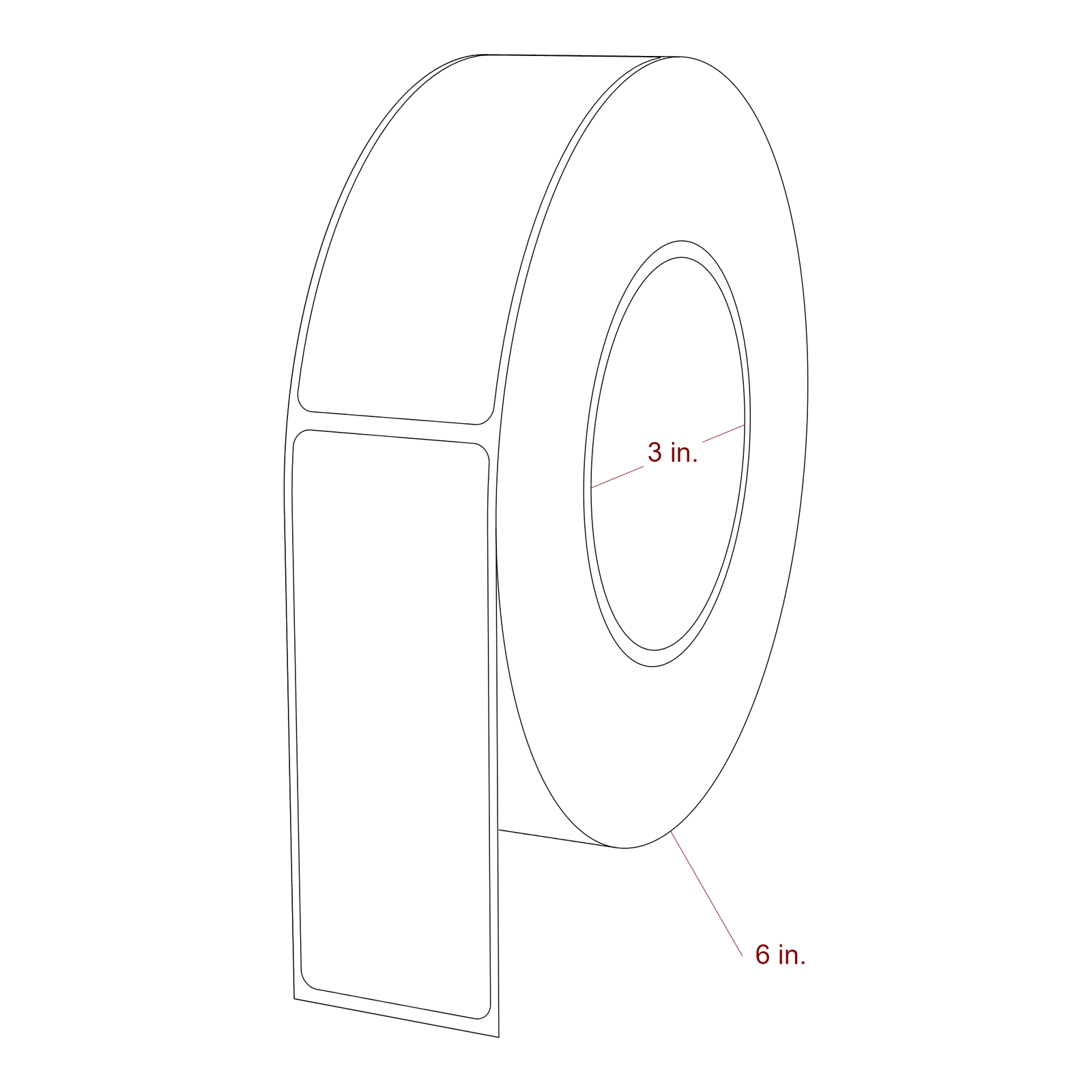 1.5 Inch x 4 Inch Rectangle Inkjet Label Roll - 3 Inch Core - 6 Inch Roll OD - 3D Perspective