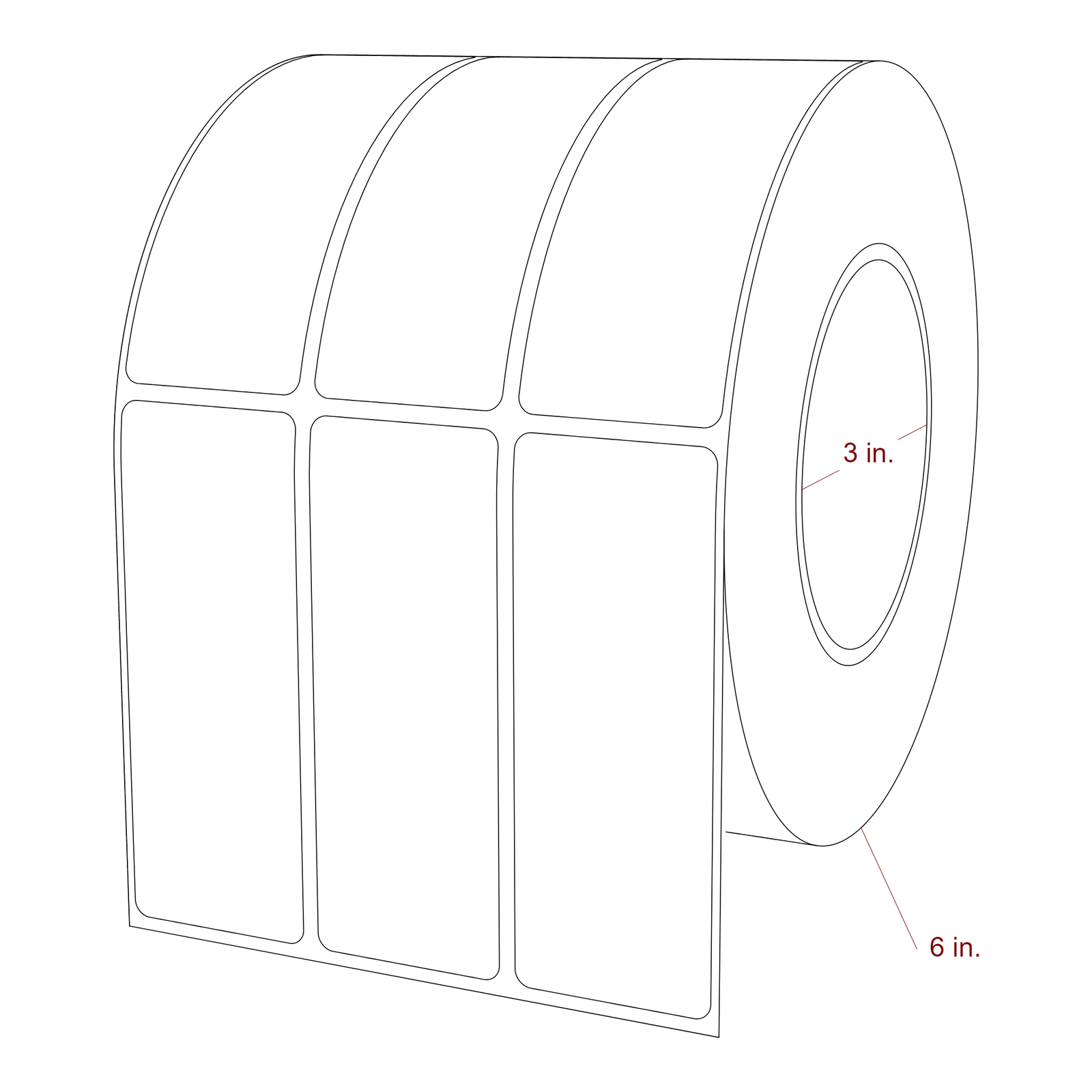 1.5 Inch x 4 Inch Rectangle Inkjet Label Roll - 3 Inch Core - 6 Inch Roll OD - 3Up - 3D Perspective