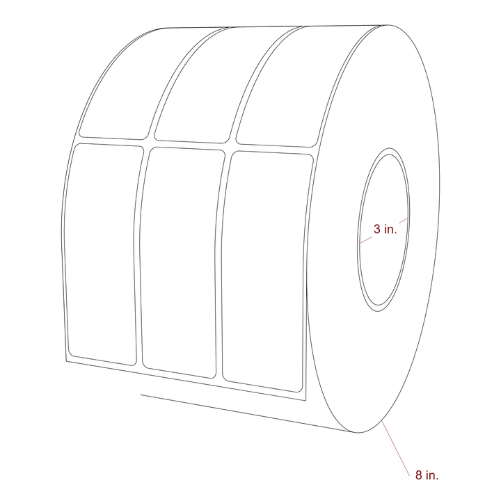 1.5 Inch x 4 Inch Rectangle Inkjet Label Roll - 3 Inch Core - 8 Inch Roll OD - 3Up - 3D Perspective
