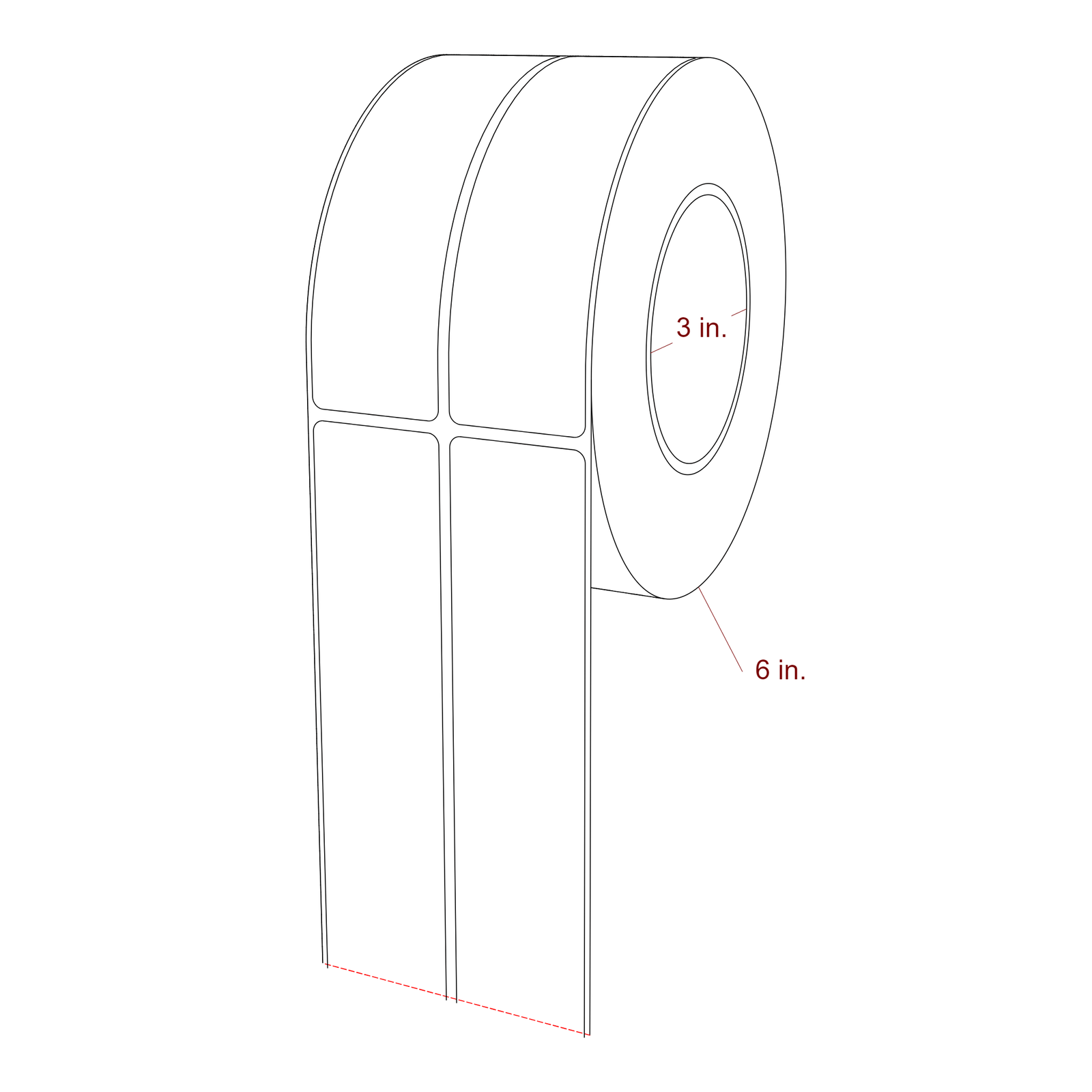 1.5 Inch x 5.25 Inch Rectangle Inkjet Label Roll - 3 Inch Core - 6 Inch Roll OD - 2Up - 3D Perspective