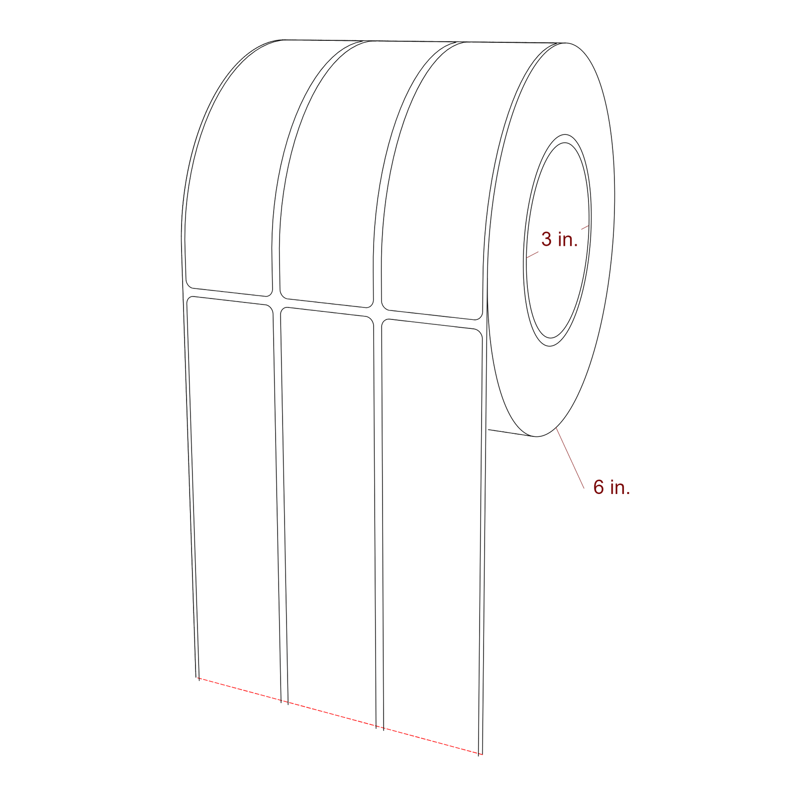 1.5 Inch x 5.25 Inch Rectangle Inkjet Label Roll - 3 Inch Core - 6 Inch Roll OD - 3Up - 3D Perspective