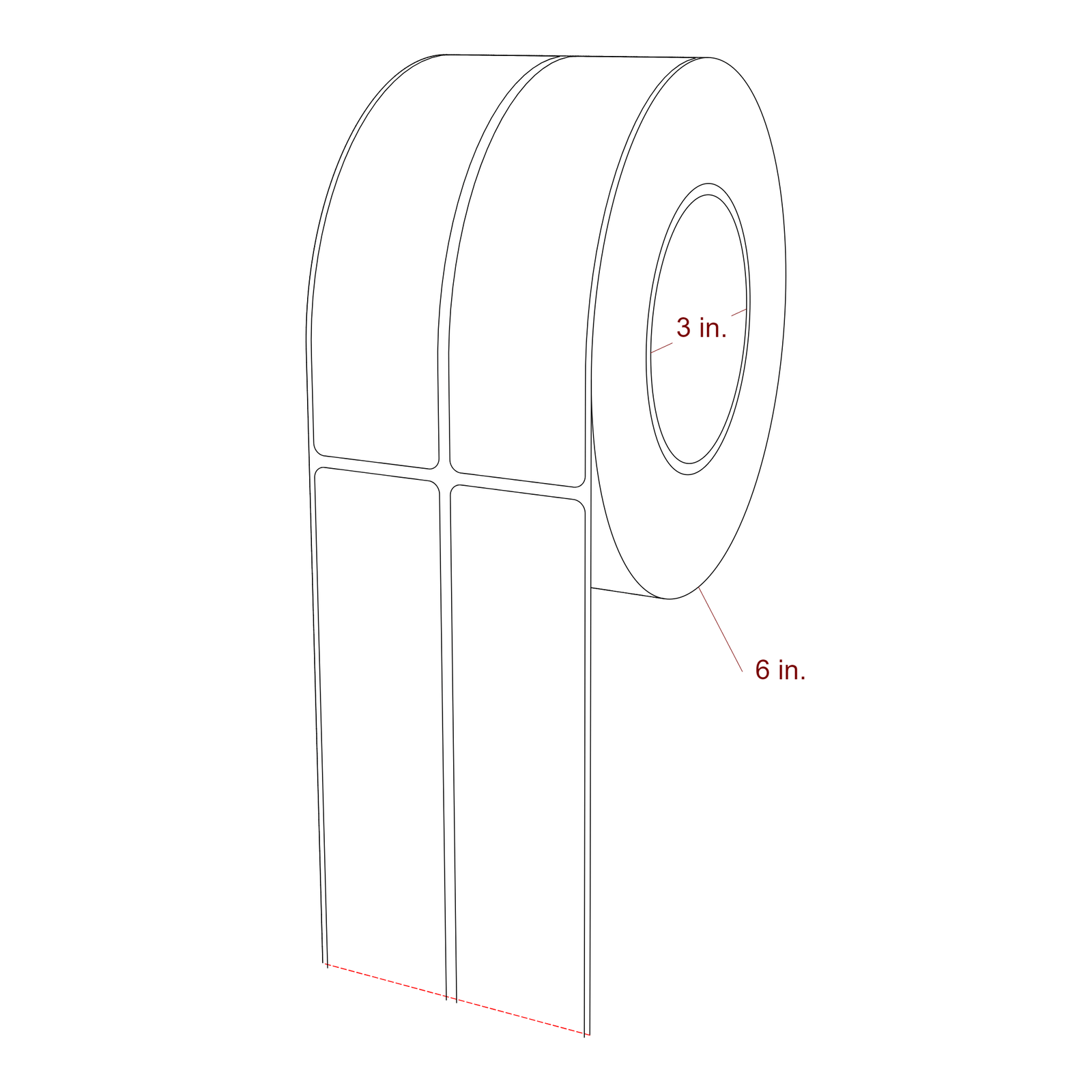 1.5 Inch x 5.75 Inch Rectangle Inkjet Label Roll - 3 Inch Core - 6 Inch Roll OD - 2Up - 3D Perspective