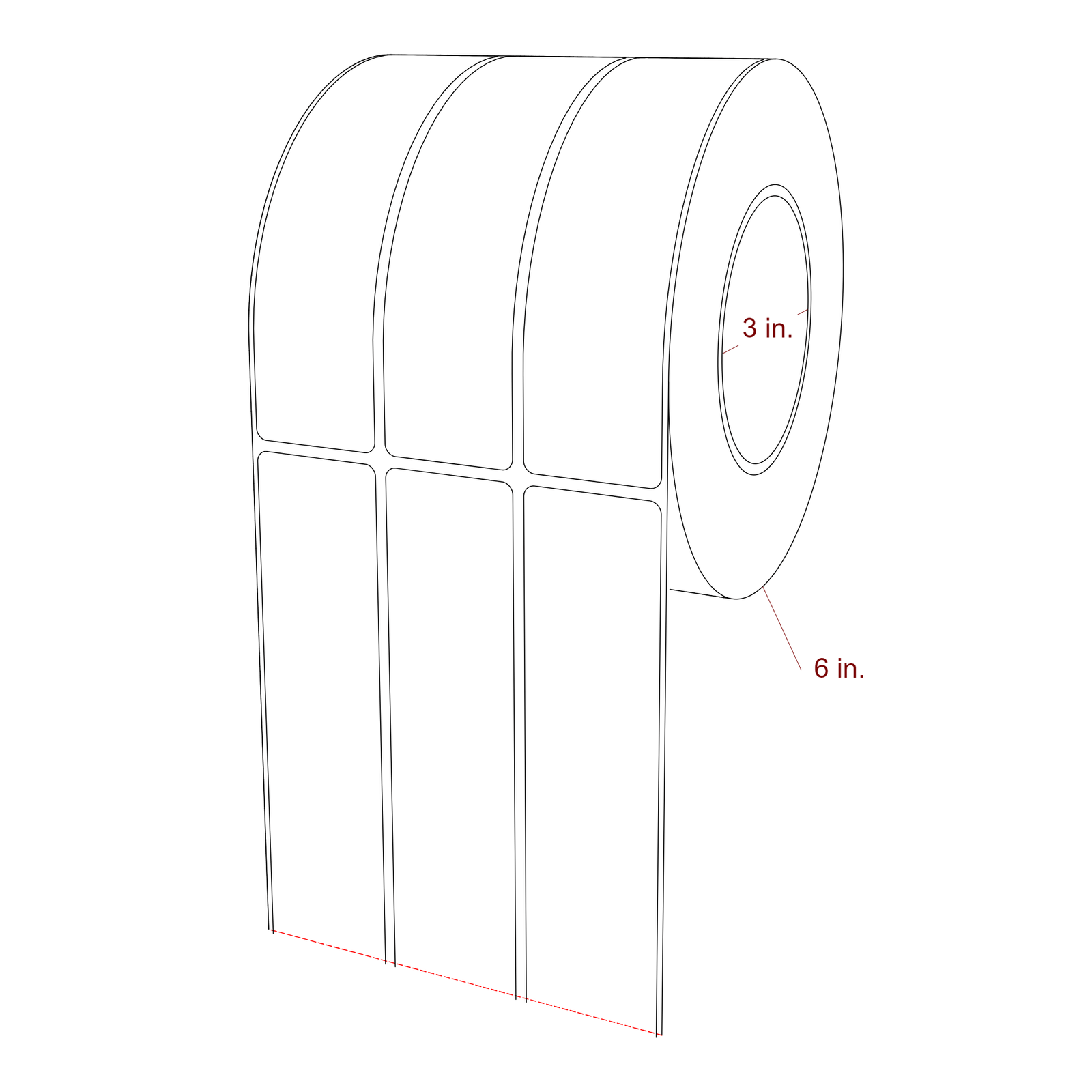 1.5 Inch x 5.75 Inch Rectangle Inkjet Label Roll - 3 Inch Core - 6 Inch Roll OD - 3Up - 3D Perspective