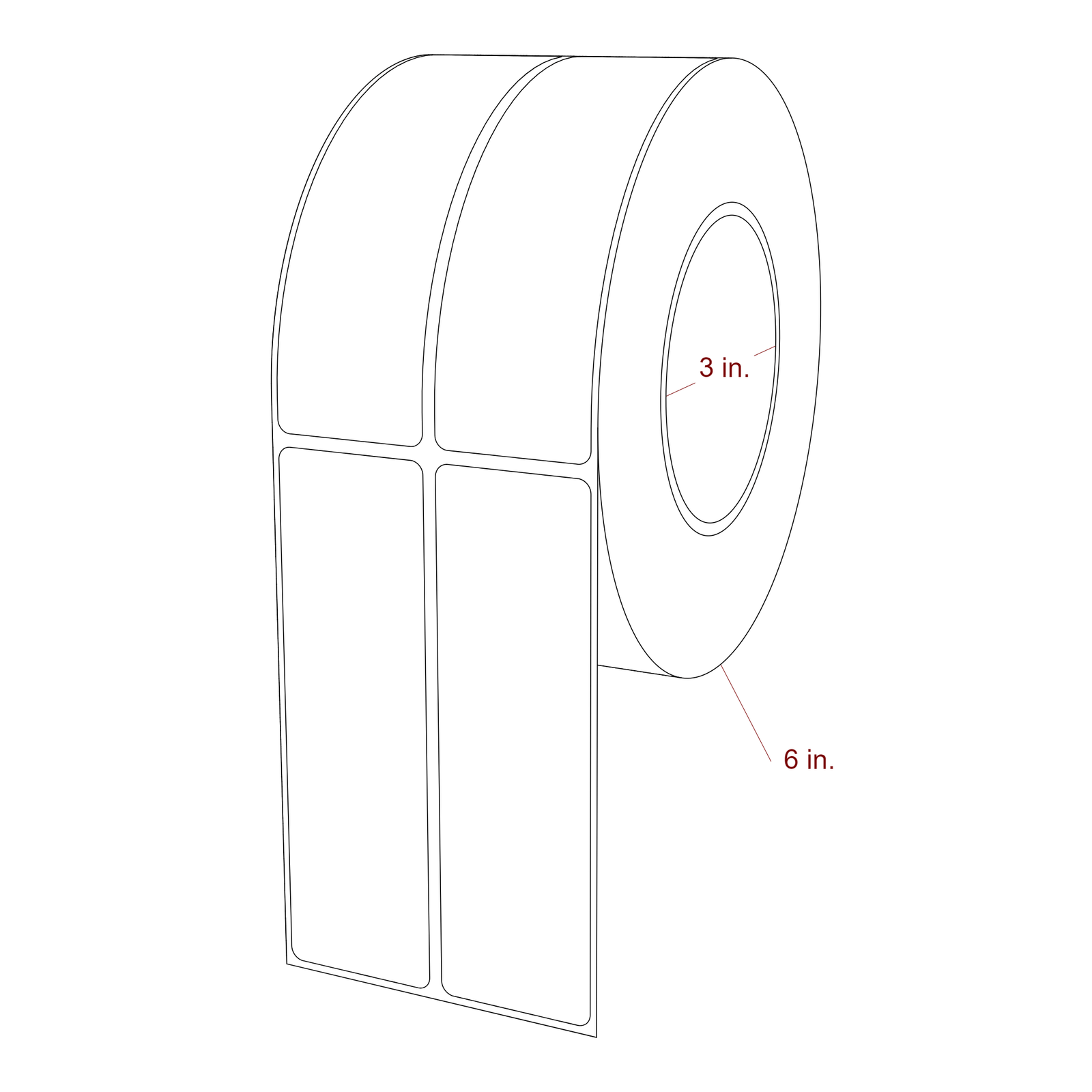 1.5 Inch x 5 Inch Rectangle Inkjet Label Roll - 3 Inch Core - 6 Inch Roll OD - 2Up - 3D Perspective