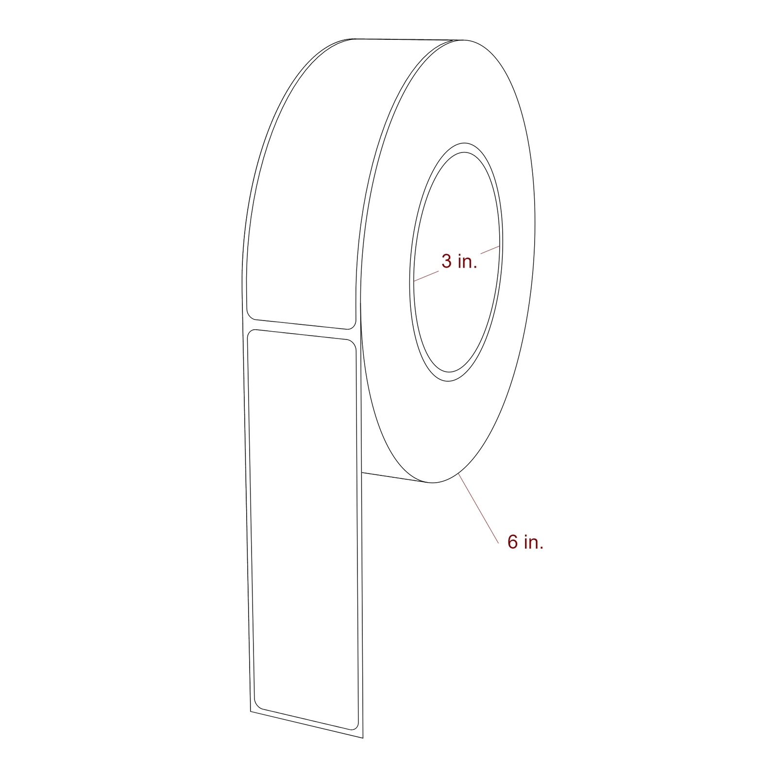 1.5 Inch x 5 Inch Rectangle Inkjet Label Roll - 3 Inch Core - 6 Inch Roll OD - 3D Perspective