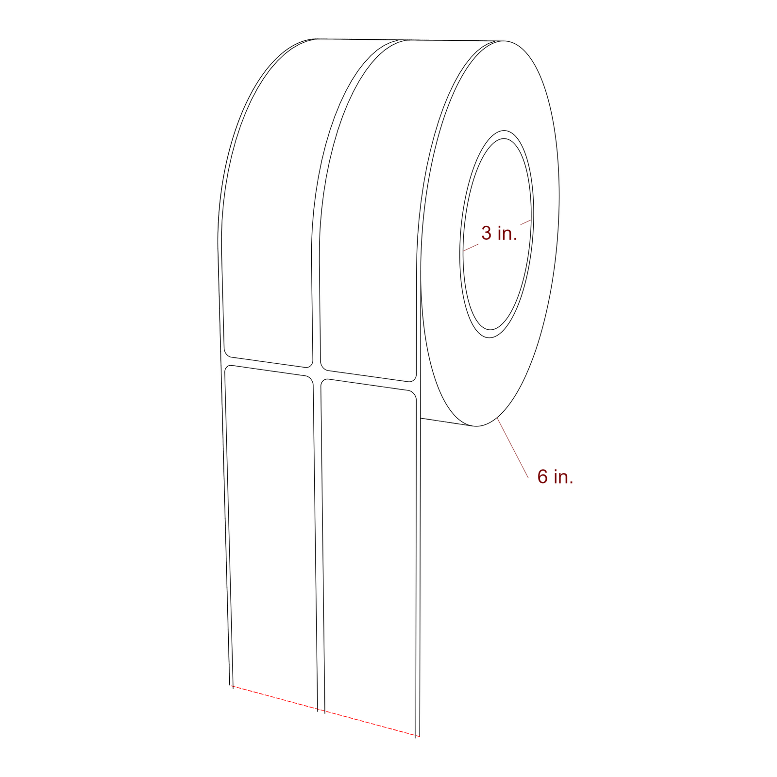1.5 Inch x 6.25 Inch Rectangle Inkjet Label Roll - 3 Inch Core - 6 Inch Roll OD - 2Up - 3D Perspective