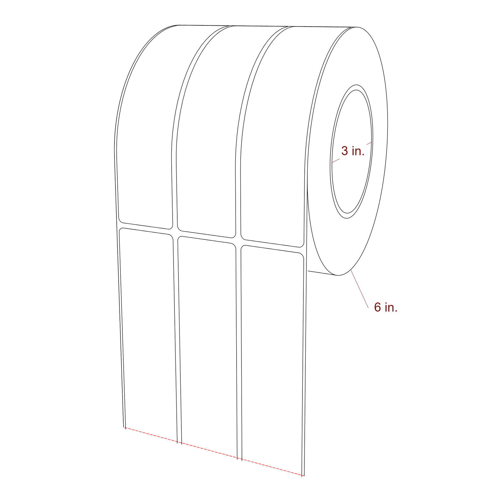 1.5 Inch x 6.25 Inch Rectangle Inkjet Label Roll - 3 Inch Core - 6 Inch Roll OD - 3Up - 3D Perspective