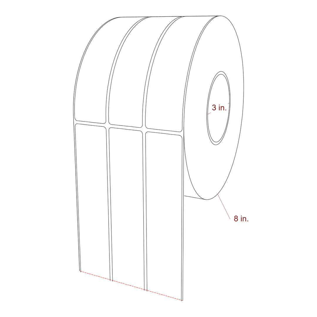 1.5 Inch x 6.25 Inch Rectangle Inkjet Label Roll - 3 Inch Core - 8 Inch Roll OD - 3Up - 3D Perspective