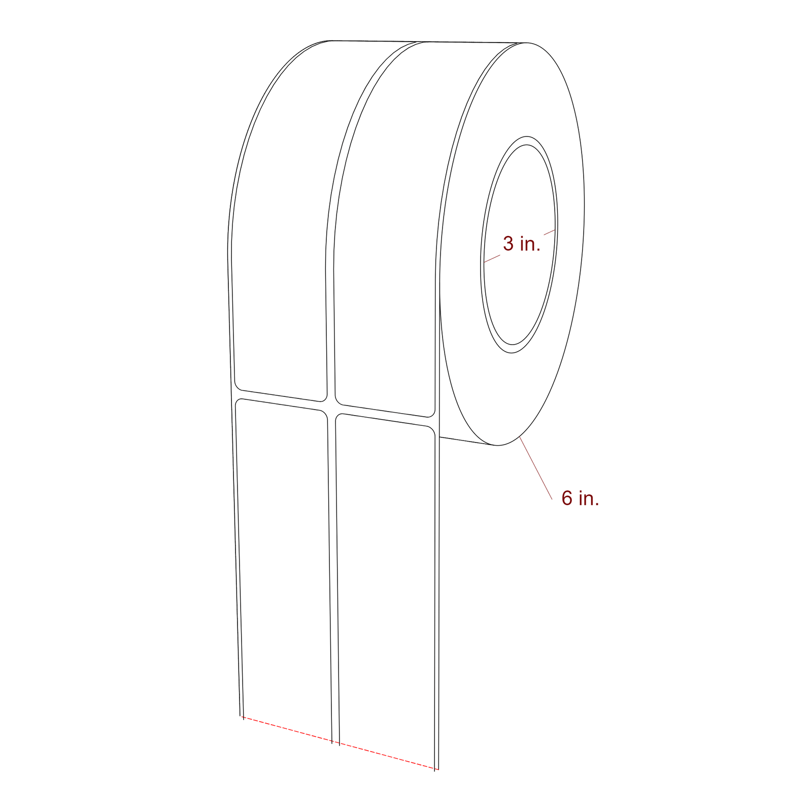 1.5 Inch x 6.5 Inch Rectangle Inkjet Label Roll - 3 Inch Core - 6 Inch Roll OD - 2Up - 3D Perspective